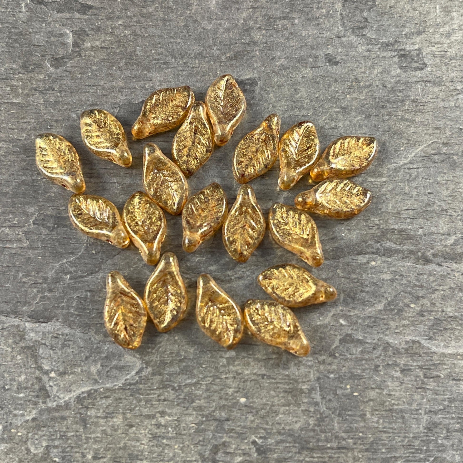 Czech Glass Beads - 12x6mm Briolette Leaf Bead, Transparent Picasso with Gold Finish (Bay7) * 20 Beads