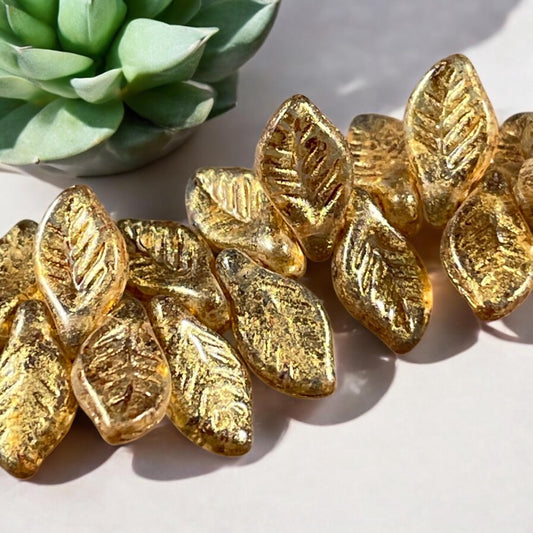 Czech Glass Beads - 12x6mm Briolette Leaf Bead, Transparent Picasso with Gold Finish (Bay7) * 20 Beads