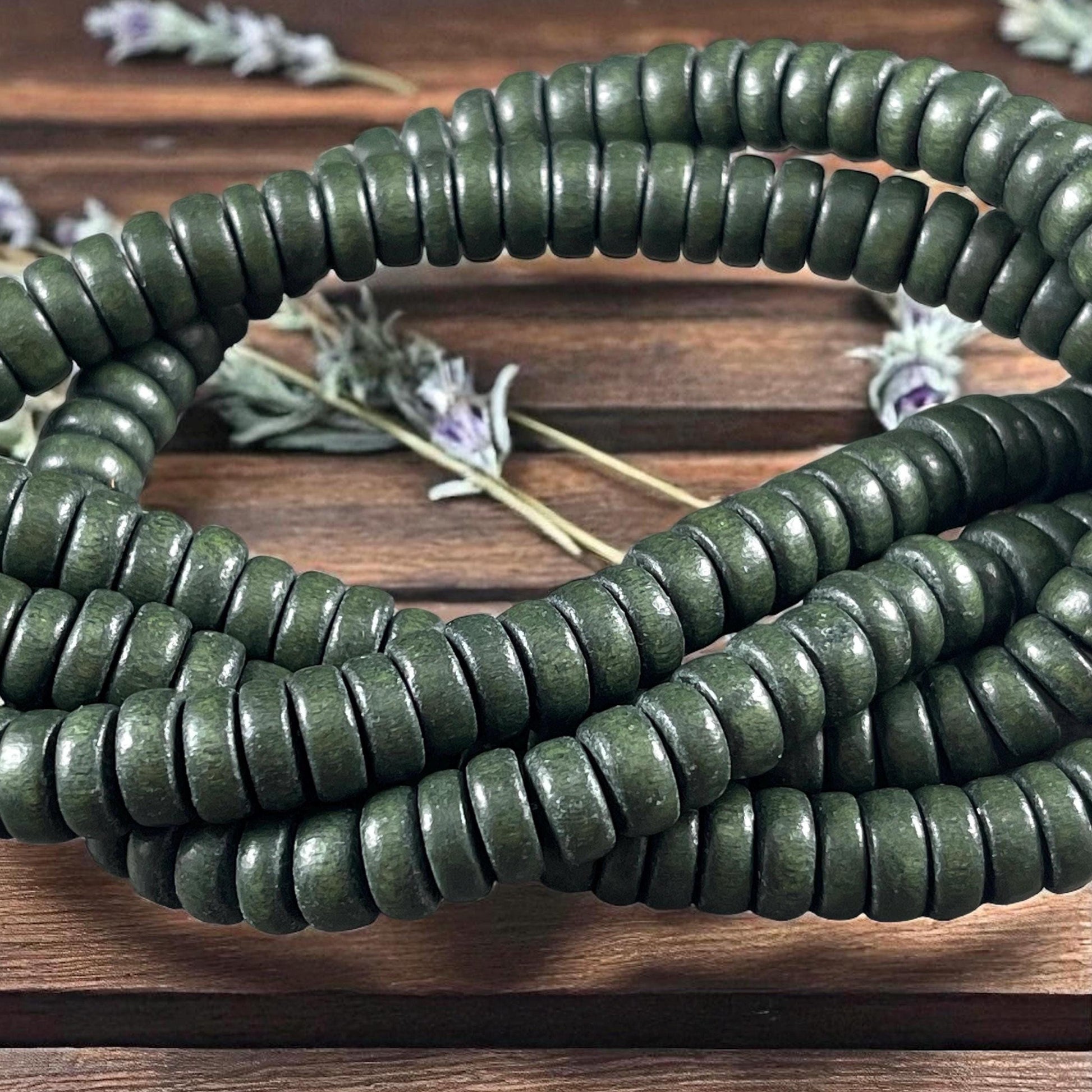 Dark Green Wooden Beads, 8mm Dark Forest Green Rondelle Beads (9588) * 16" Strand