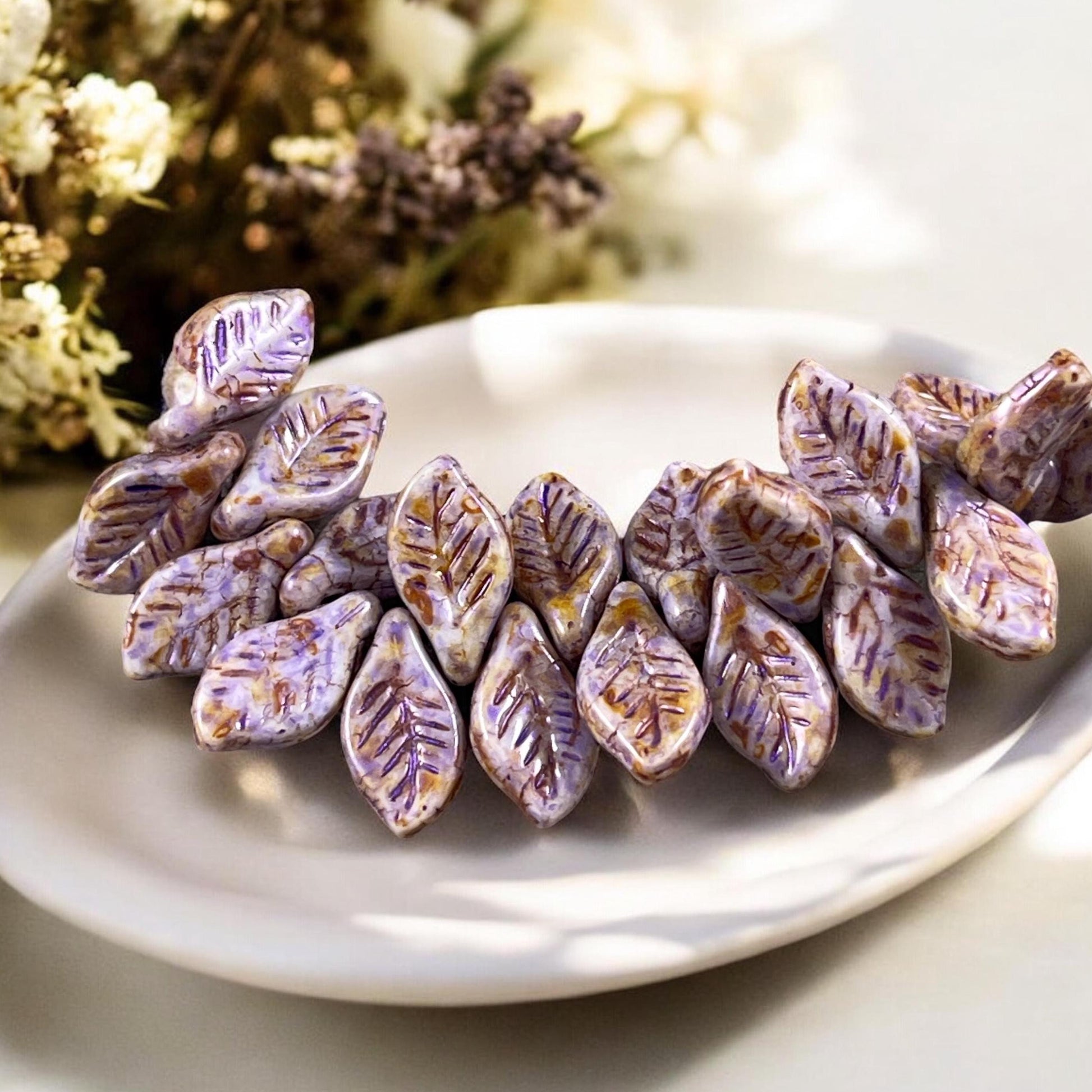 Czech Glass Beads - 12x6mm Briolette Leaf Bead, Alabaster with Lavender and Travertine Picasso (Bay9) * 20 Beads