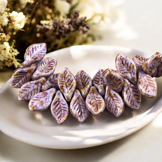Czech Glass Beads - 12x6mm Briolette Leaf Bead, Alabaster with Lavender and Travertine Picasso (Bay9) * 20 Beads
