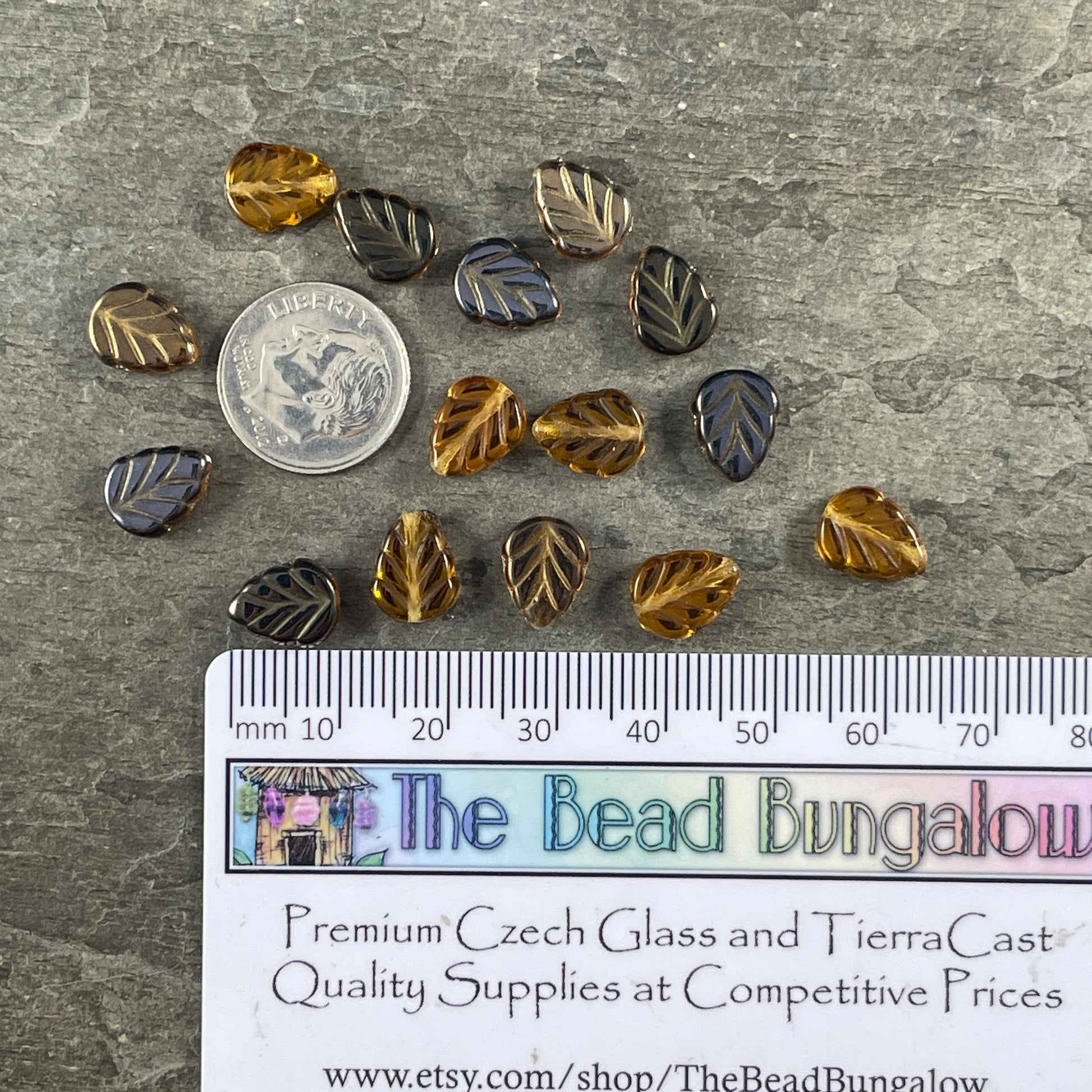 10x8mm Brown Czech Glass Leaf Beads, Honey Gold Leaf with Metallic Gold and Bronze Half Coat (Mint18) * Qty. 16
