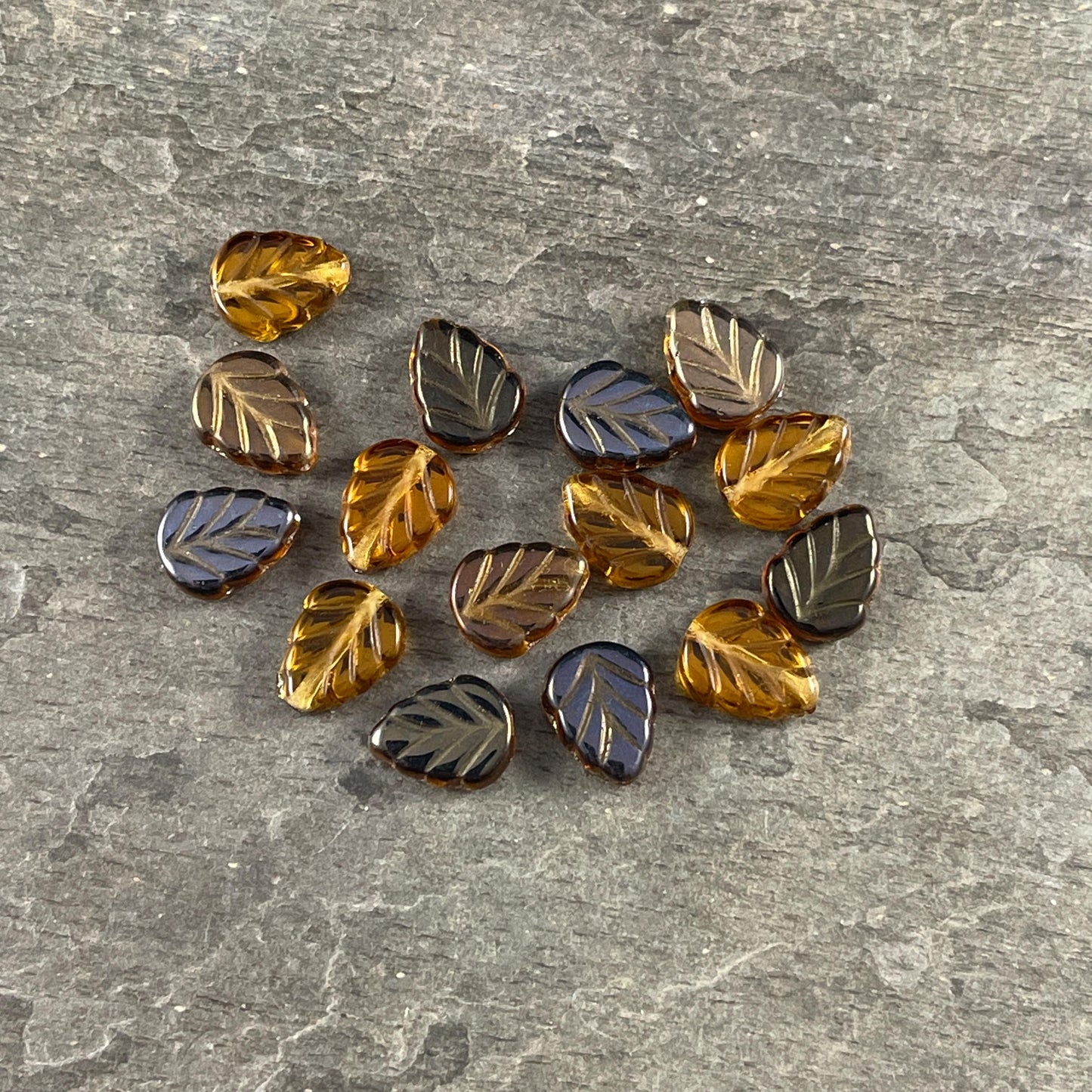 10x8mm Brown Czech Glass Leaf Beads, Honey Gold Leaf with Metallic Gold and Bronze Half Coat (Mint18) * Qty. 16
