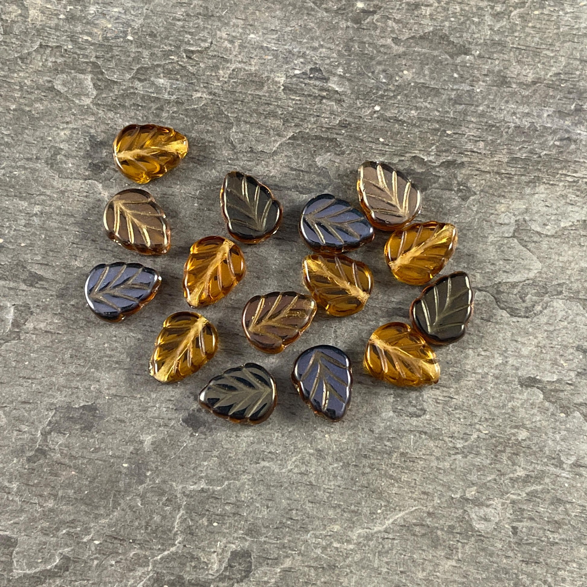 10x8mm Brown Czech Glass Leaf Beads, Honey Gold Leaf with Metallic Gold and Bronze Half Coat (Mint18) * Qty. 16