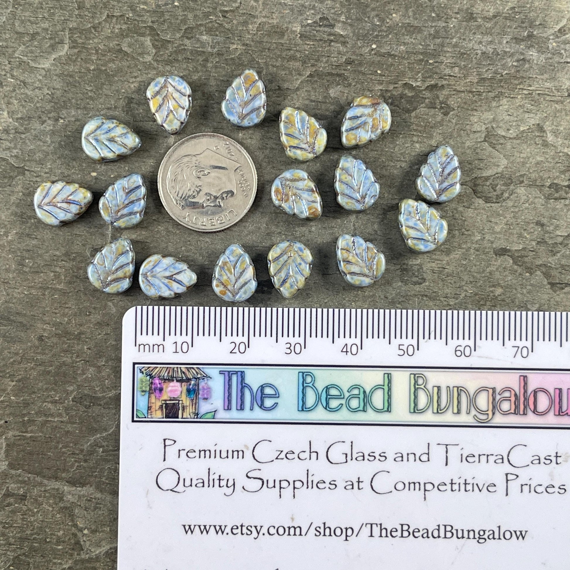 Czech Glass Beads - Alabaster Blue Sage Picasso 10x8mm Center Drilled Mint Leaf Bead (Mint28) * Qty. 16