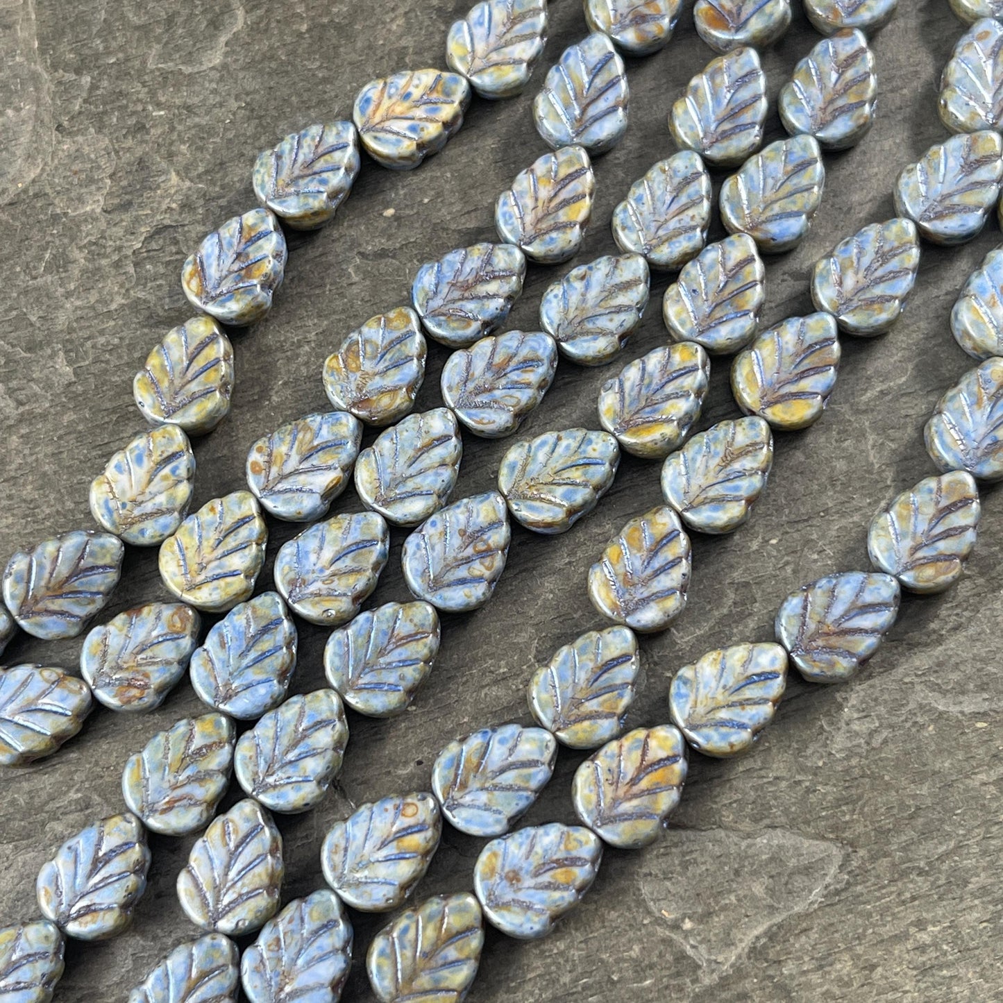 Czech Glass Beads - Alabaster Blue Sage Picasso 10x8mm Center Drilled Mint Leaf Bead (Mint28) * Qty. 16