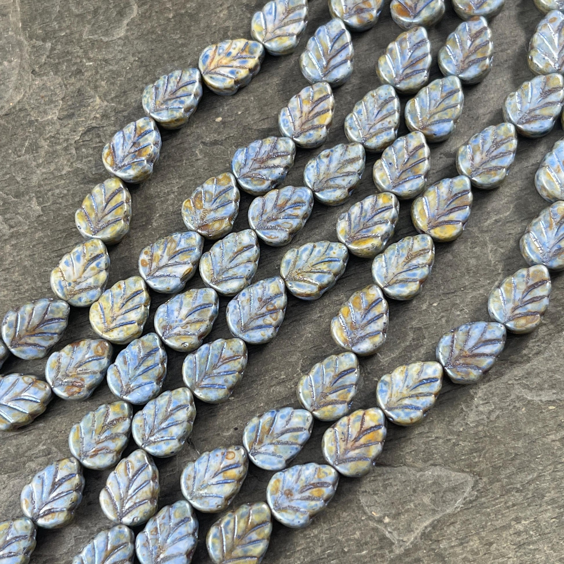 Czech Glass Beads - Alabaster Blue Sage Picasso 10x8mm Center Drilled Mint Leaf Bead (Mint28) * Qty. 16