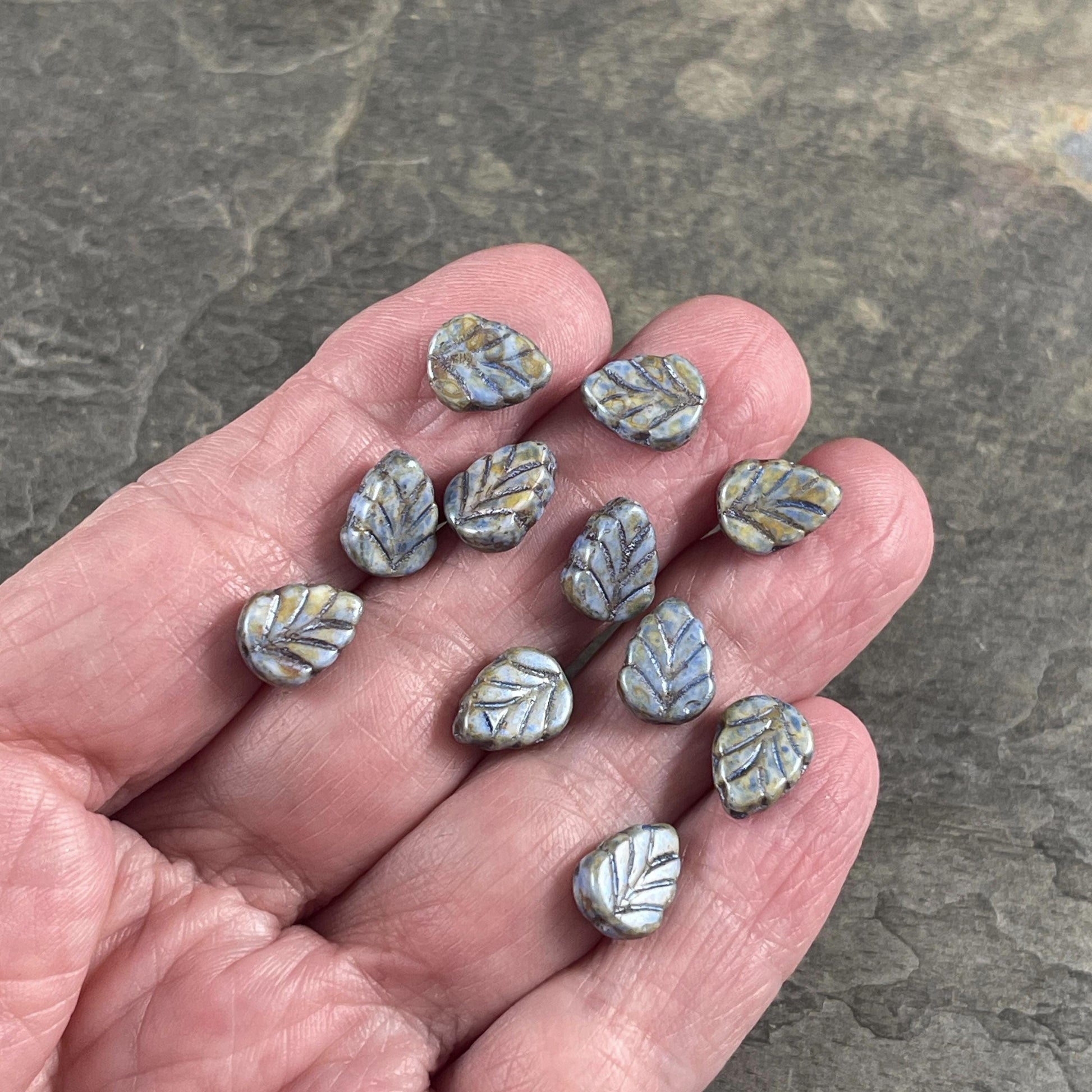 Czech Glass Beads - Alabaster Blue Sage Picasso 10x8mm Center Drilled Mint Leaf Bead (Mint28) * Qty. 16