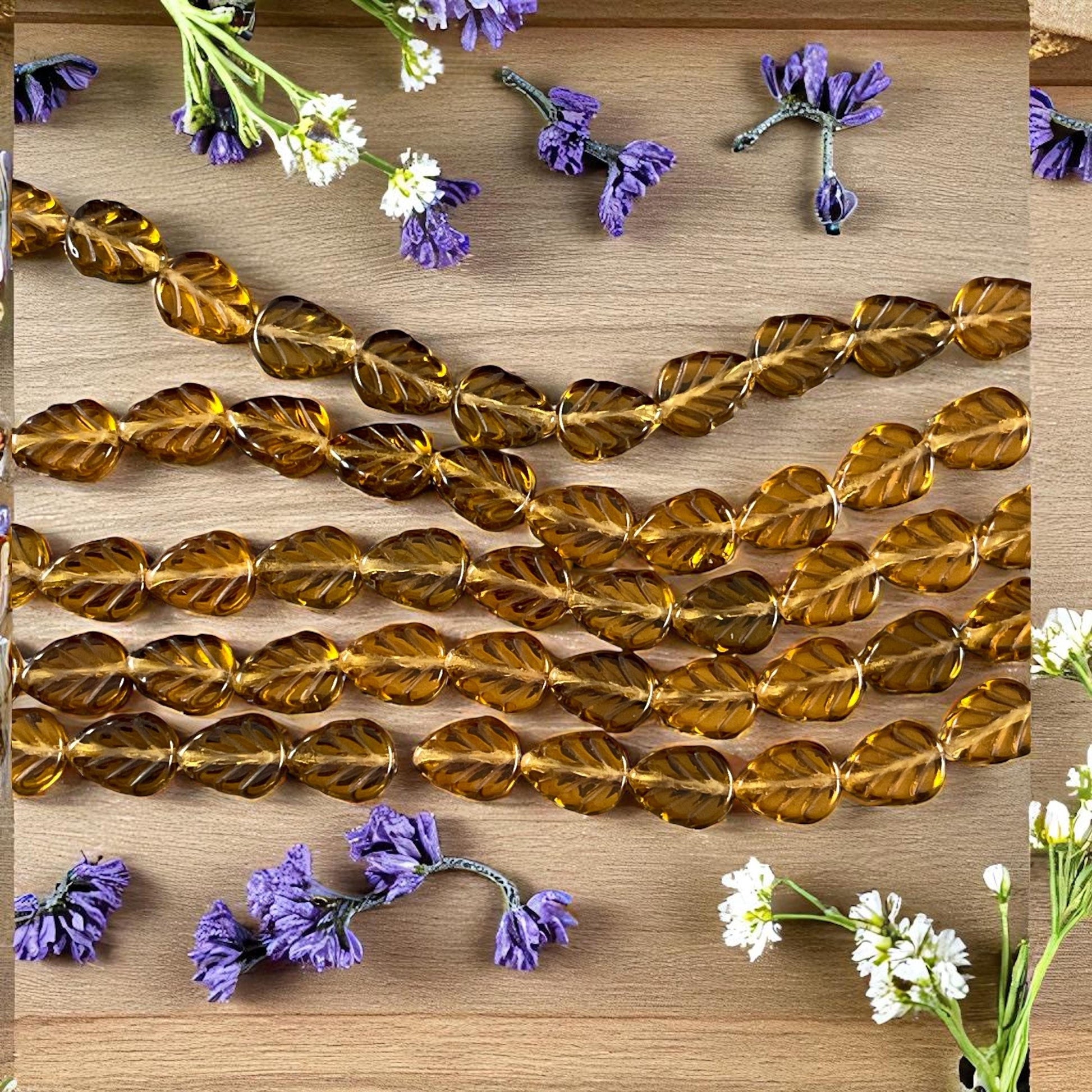 10x8mm Brown Czech Glass Leaf Beads, Honey Gold Leaf with Metallic Gold and Bronze Half Coat (Mint18) * Qty. 16