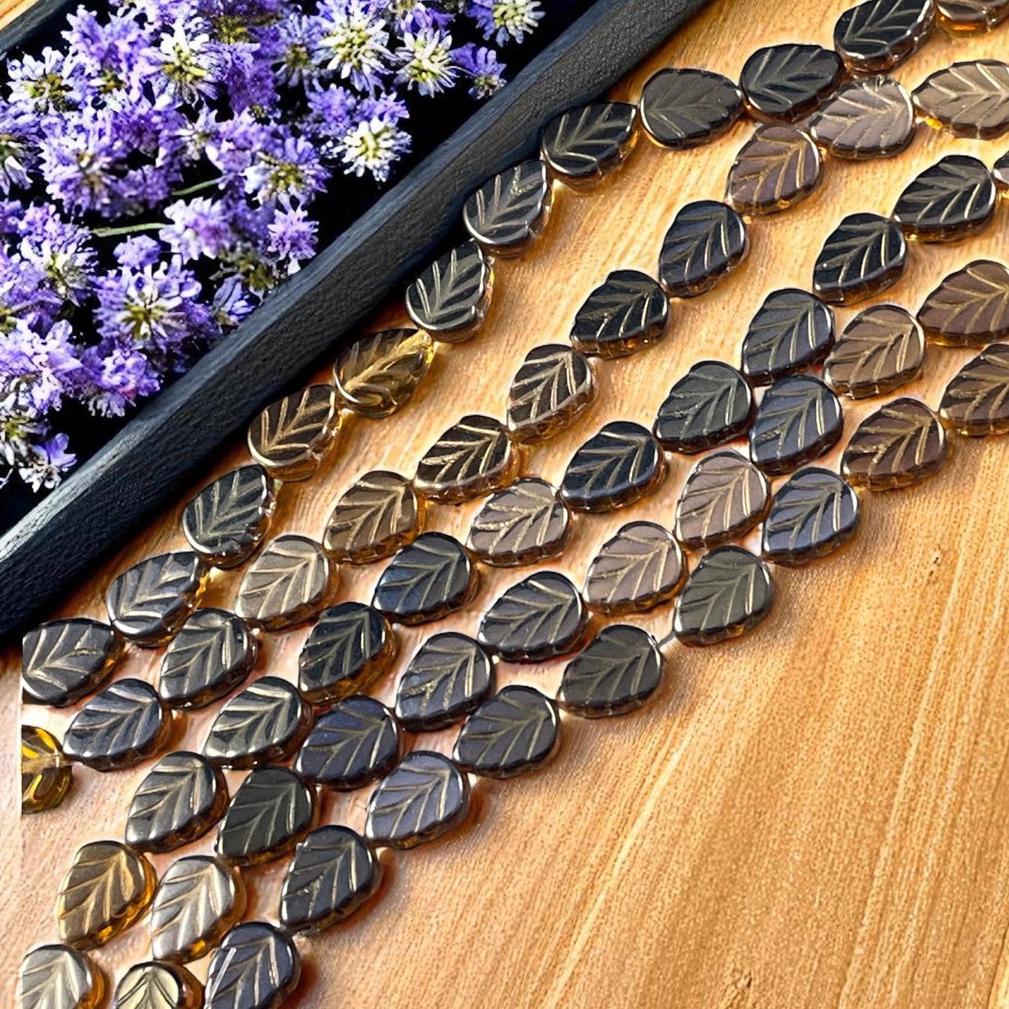 10x8mm Brown Czech Glass Leaf Beads, Honey Gold Leaf with Metallic Gold and Bronze Half Coat (Mint18) * Qty. 16
