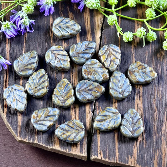 Czech Glass Beads - Alabaster Blue Sage Picasso 10x8mm Center Drilled Mint Leaf Bead (Mint28) * Qty. 16