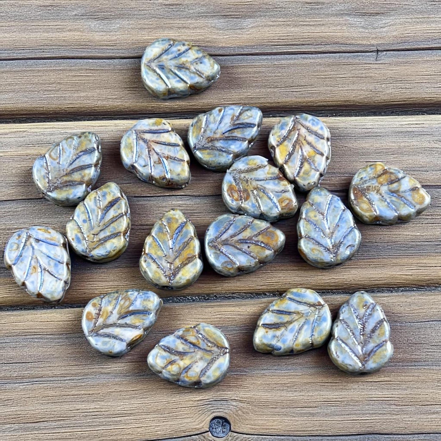 Czech Glass Beads - Alabaster Blue Sage Picasso 10x8mm Center Drilled Mint Leaf Bead (Mint28) * Qty. 16
