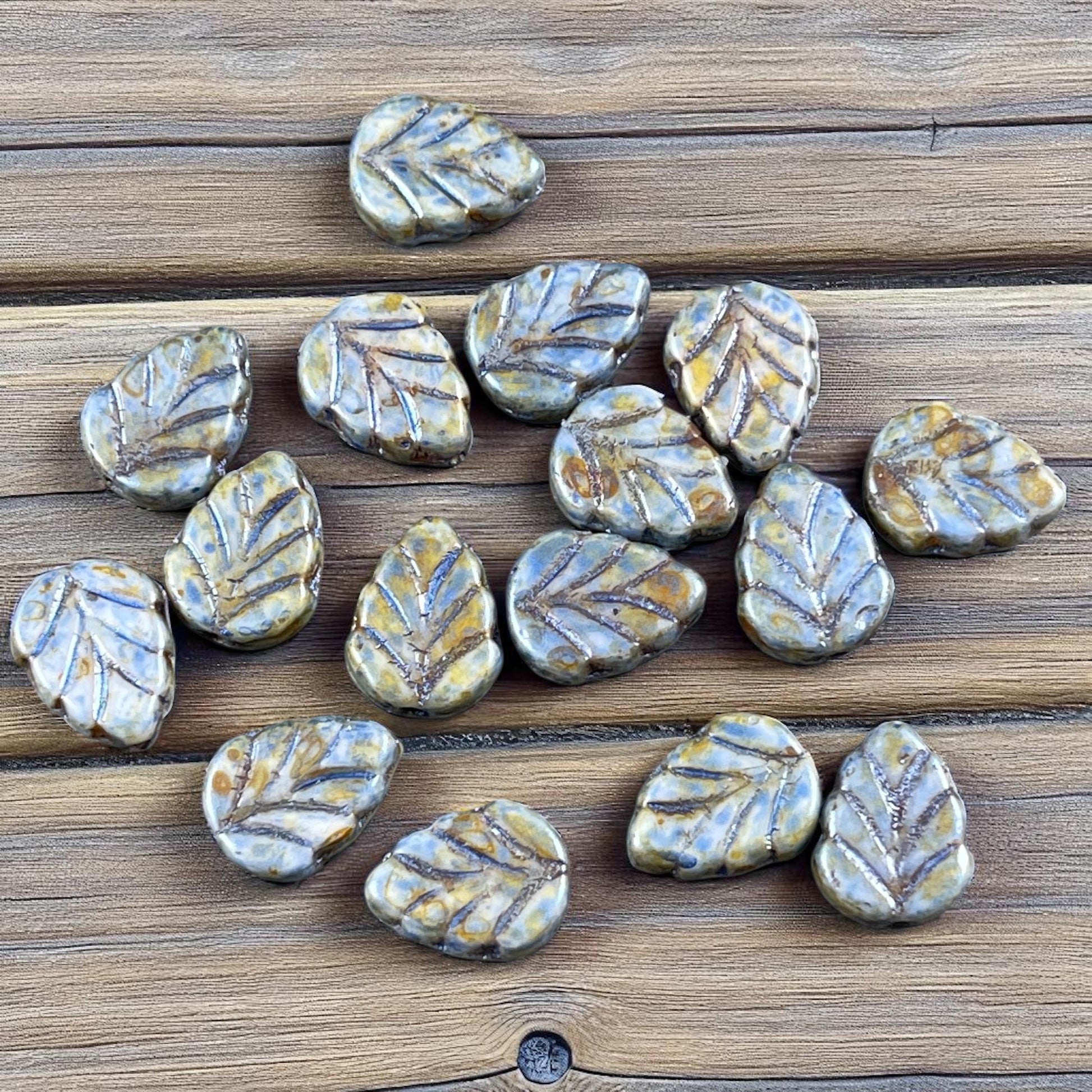 Czech Glass Beads - Alabaster Blue Sage Picasso 10x8mm Center Drilled Mint Leaf Bead (Mint28) * Qty. 16