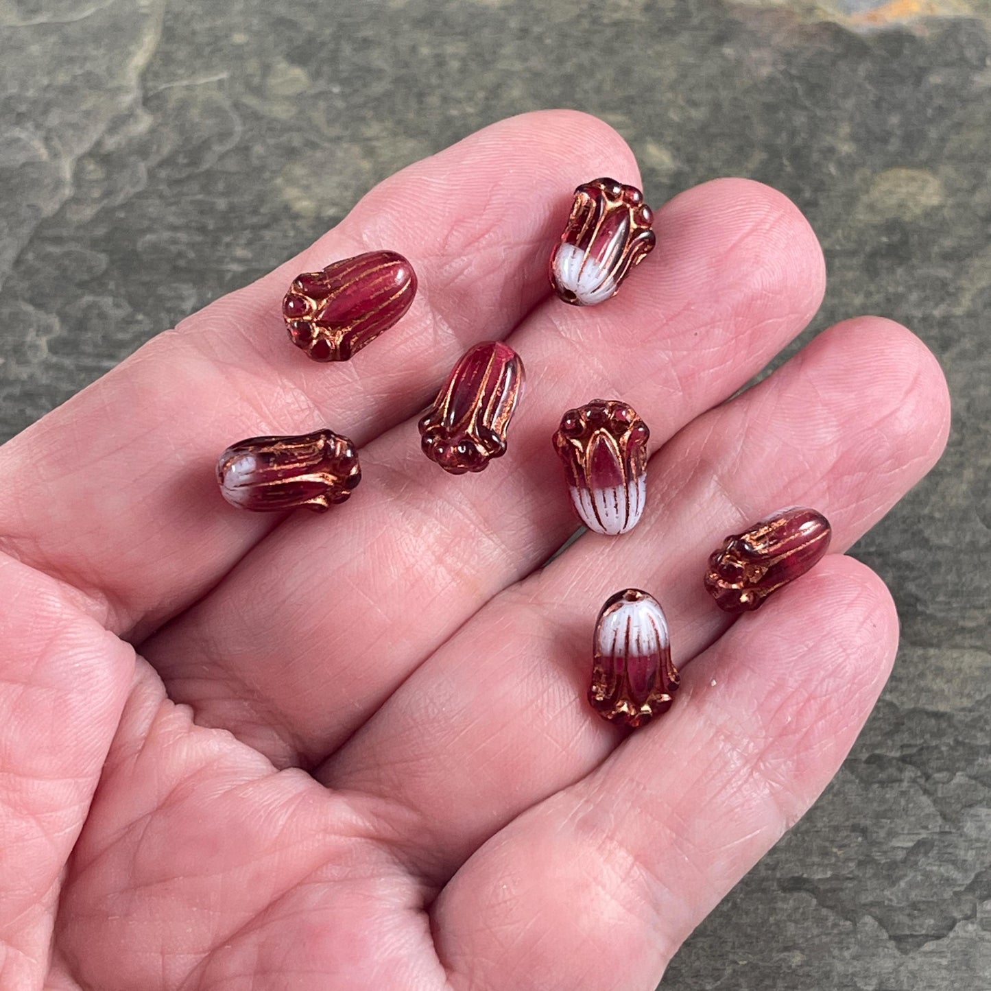 Czech Glass Beads - 12x8mmDark Fuchsia and White Lily Bud Flower Beads with Copper Wash (LBud37) * Qty. 12