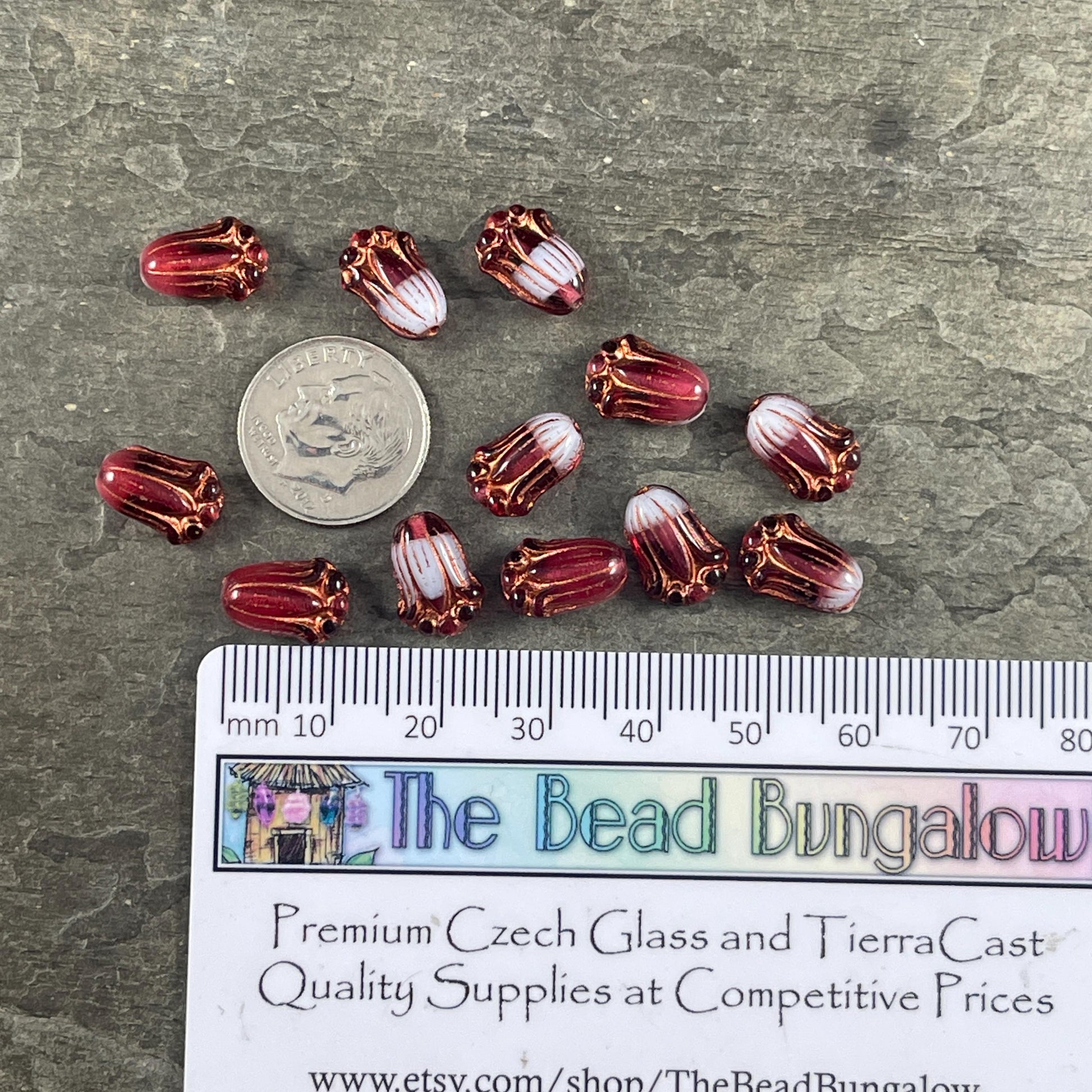 Czech Glass Beads - 12x8mmDark Fuchsia and White Lily Bud Flower Beads with Copper Wash (LBud37) * Qty. 12