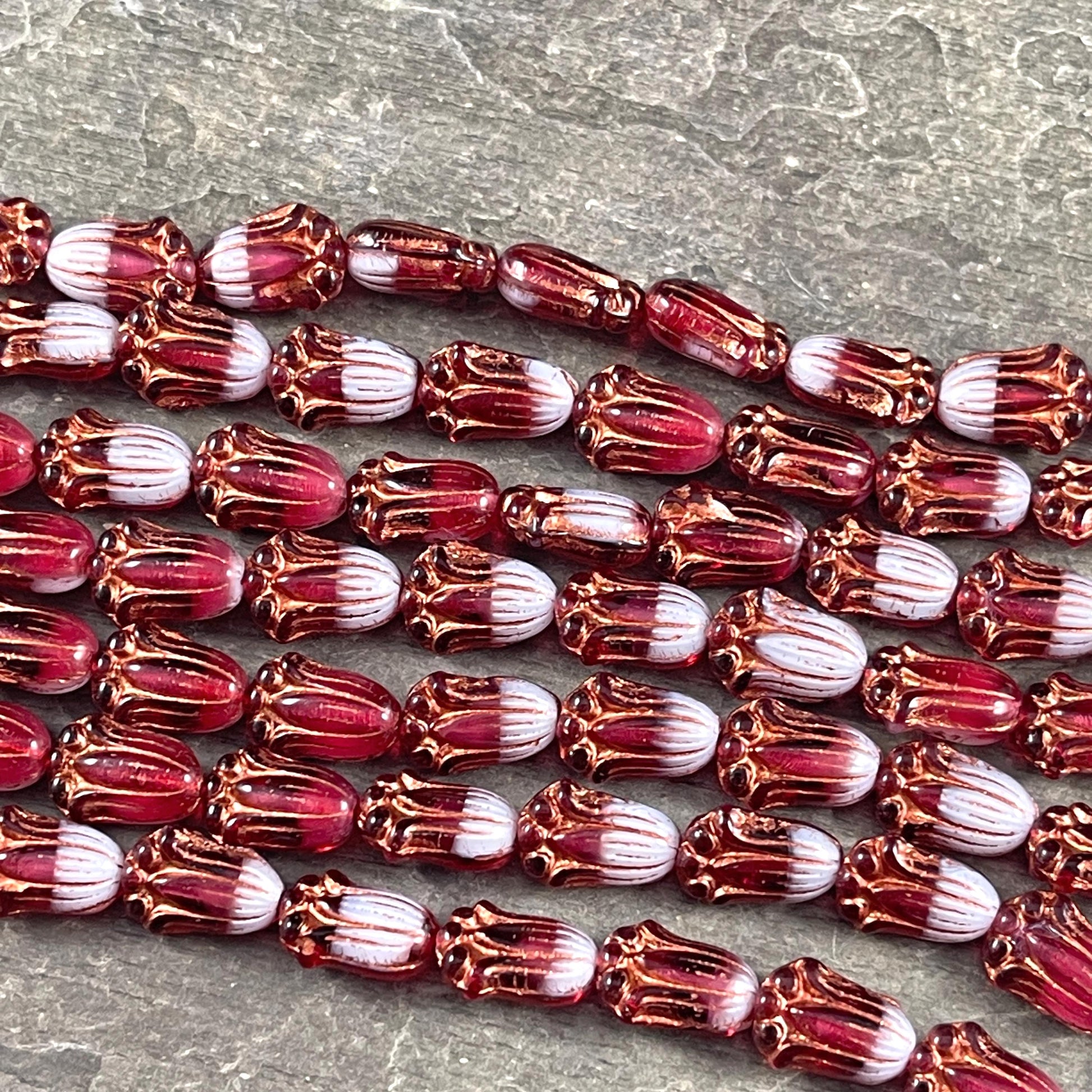 Czech Glass Beads - 12x8mmDark Fuchsia and White Lily Bud Flower Beads with Copper Wash (LBud37) * Qty. 12