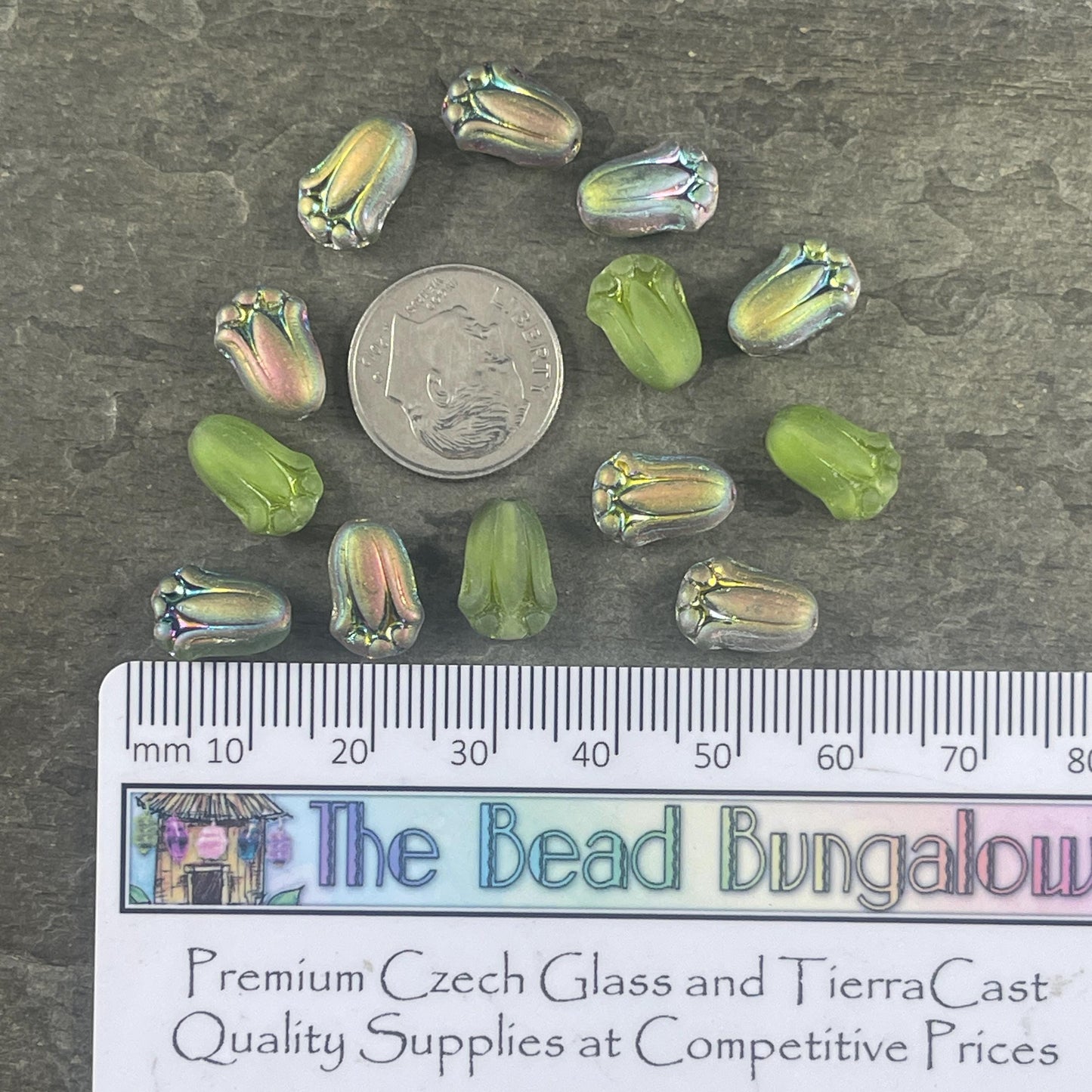 Czech Glass Beads - 12x8mm Matte Peridot Green Lily Bud Flower Beads with Vitrail (LBud49) * Qty. 12
