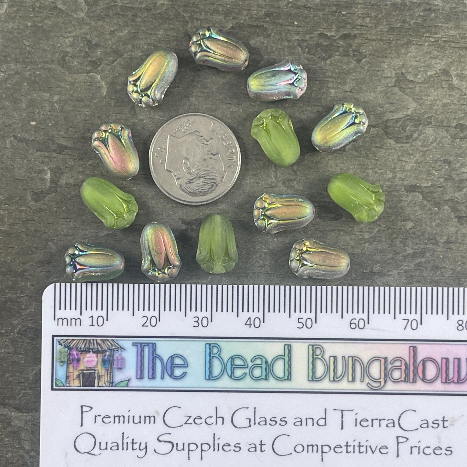 Czech Glass Beads - 12x8mm Matte Peridot Green Lily Bud Flower Beads with Vitrail (LBud49) * Qty. 12