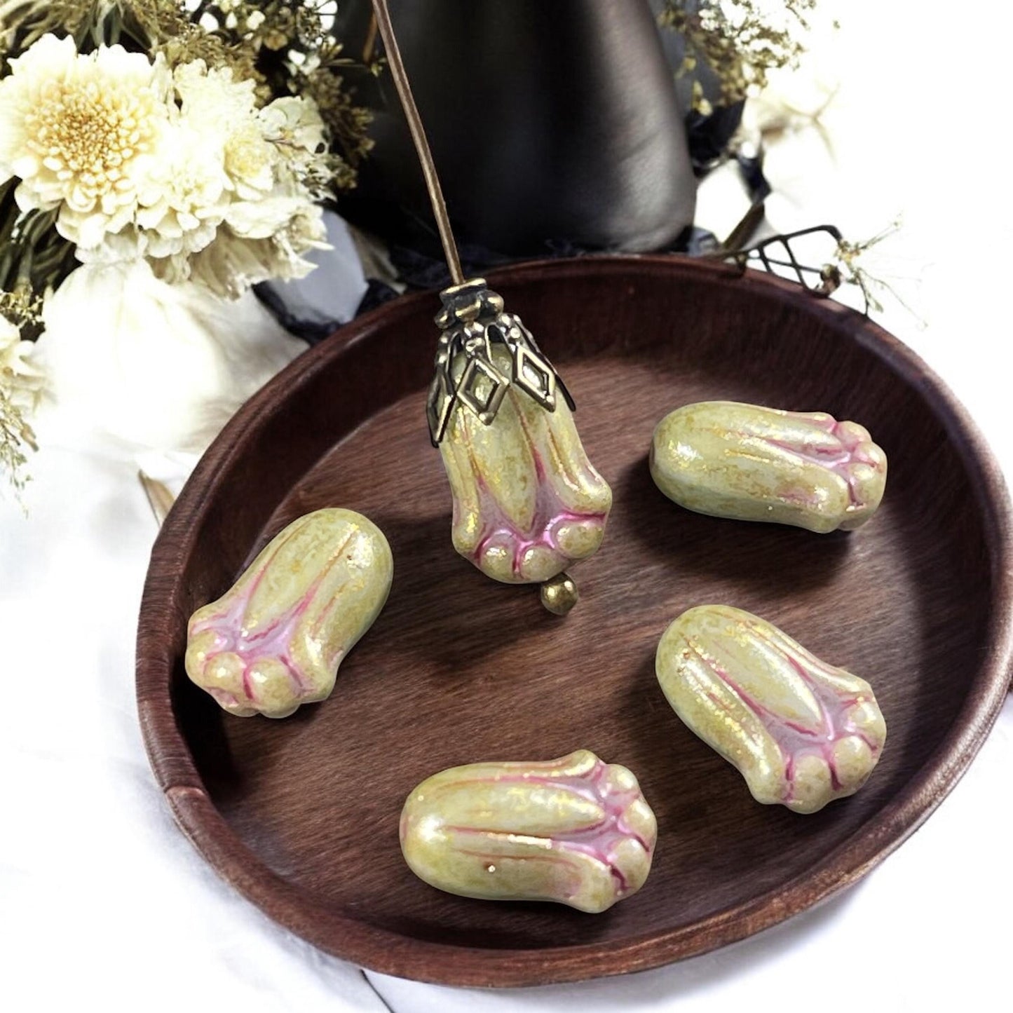 Czech Glass Beads - 12x8mm Green Lily Bud Flower Beads with Pink Wash (LBud49) * Qty. 12