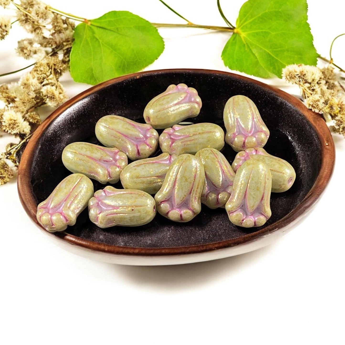 Czech Glass Beads - 12x8mm Green Lily Bud Flower Beads with Pink Wash (LBud49) * Qty. 12