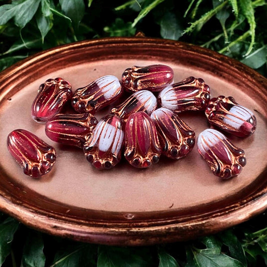 Czech Glass Beads - 12x8mmDark Fuchsia and White Lily Bud Flower Beads with Copper Wash (LBud37) * Qty. 12