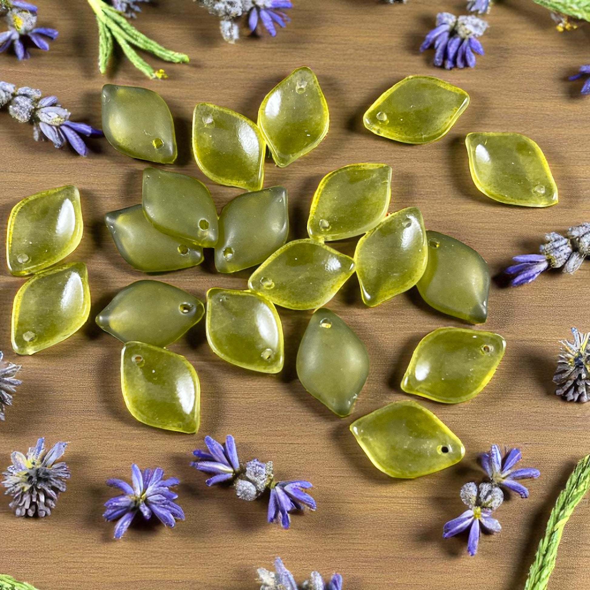 Green Glass Leaf Beads, Top Drilled, 15x10mm Petal Shape Leaf Bead (OG-Petal) * Qty. 20 beads
