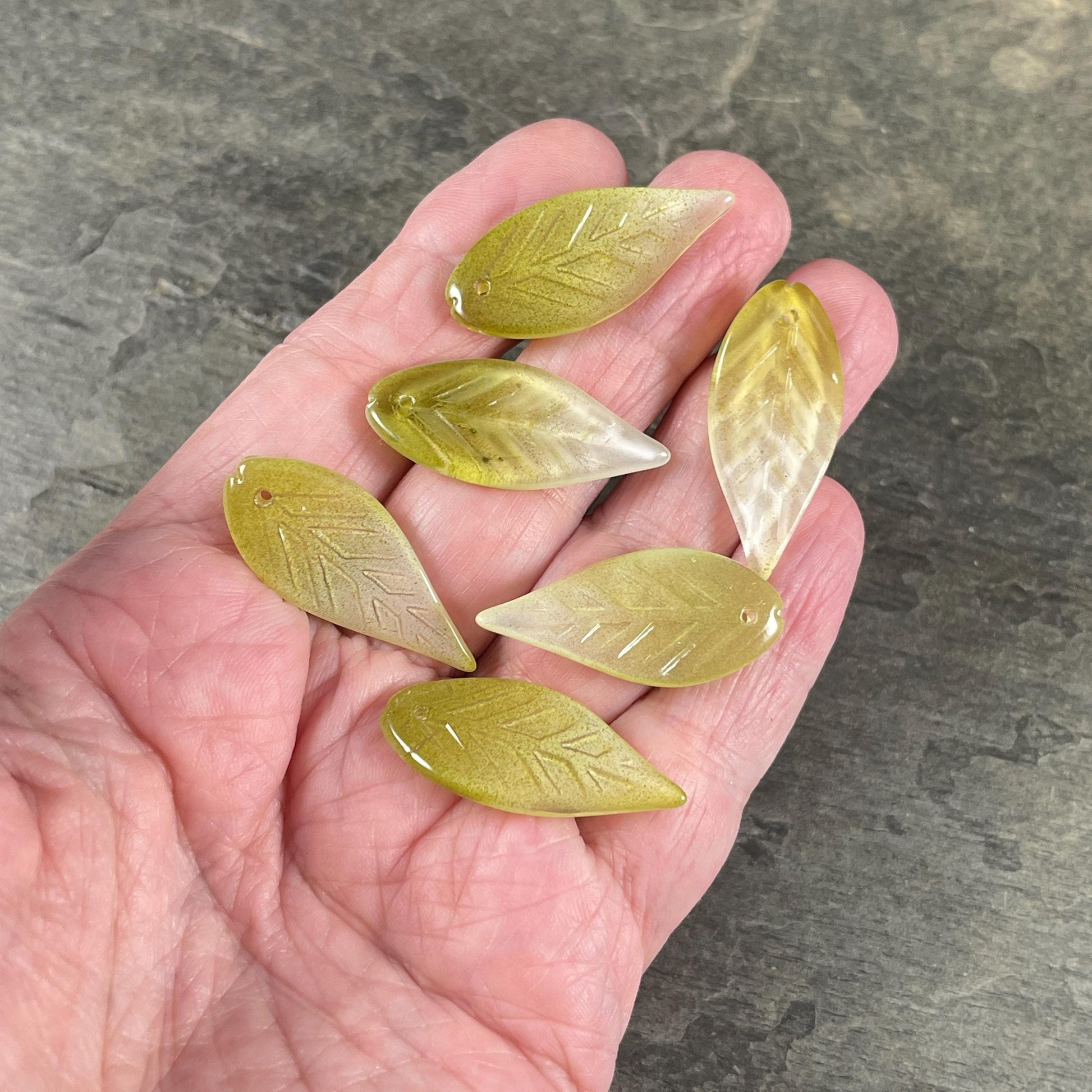 Olive Green Glass Leaf Beads, Top Drilled, 32x14mm Wavy Leaf Bead (OGW-32x14) * 15 Beads