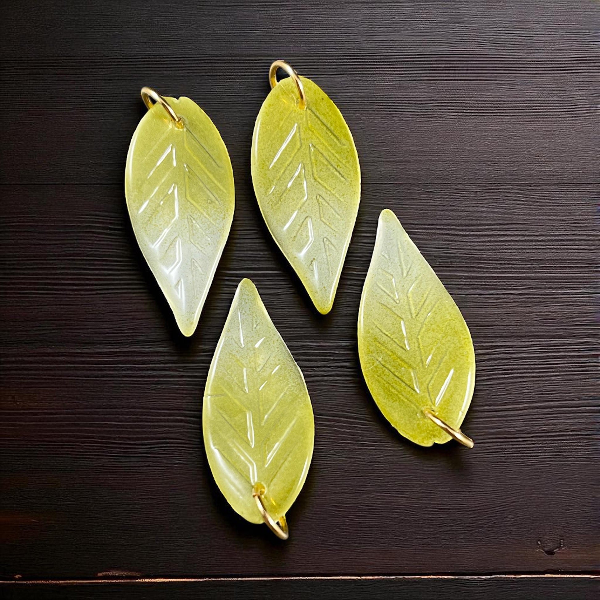 Olive Green Glass Leaf Beads, Top Drilled, 32x14mm Wavy Leaf Bead (OGW-32x14) * 15 Beads