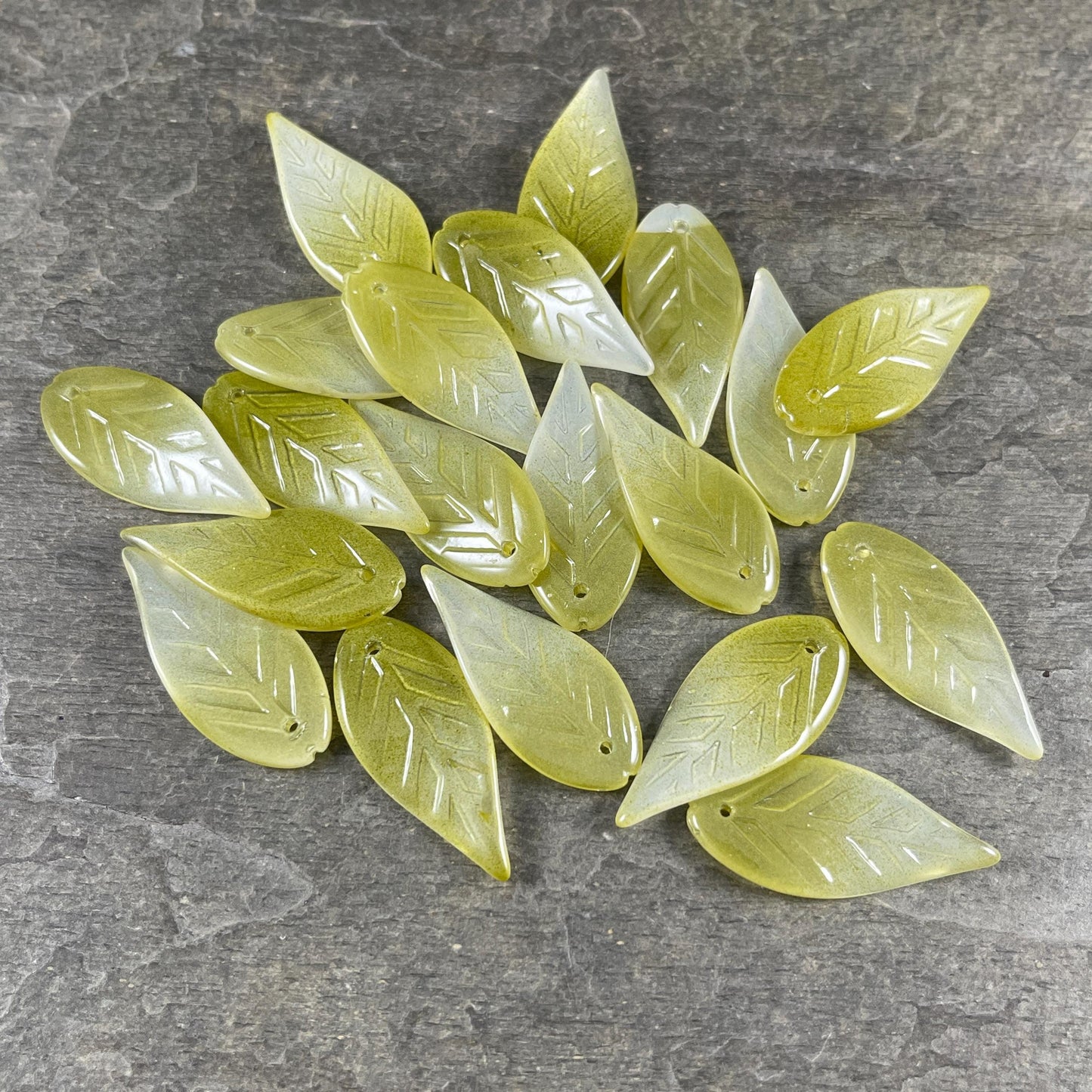 Olive Green Glass Leaf Beads, Top Drilled, 32x14mm Wavy Leaf Bead (OGW-32x14) * 15 Beads