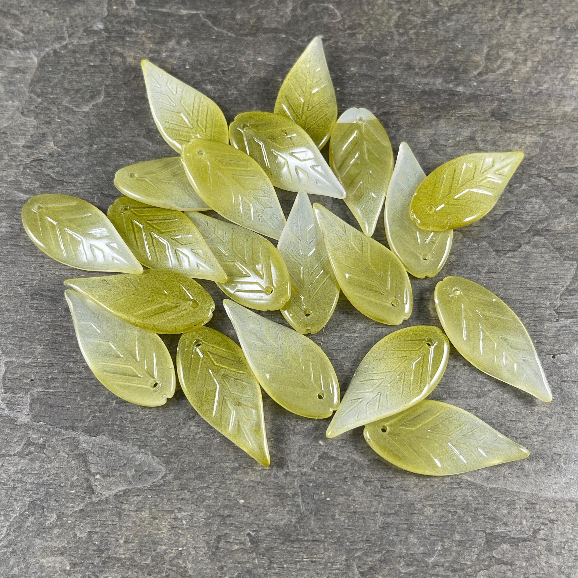 Olive Green Glass Leaf Beads, Top Drilled, 32x14mm Wavy Leaf Bead (OGW-32x14) * 15 Beads