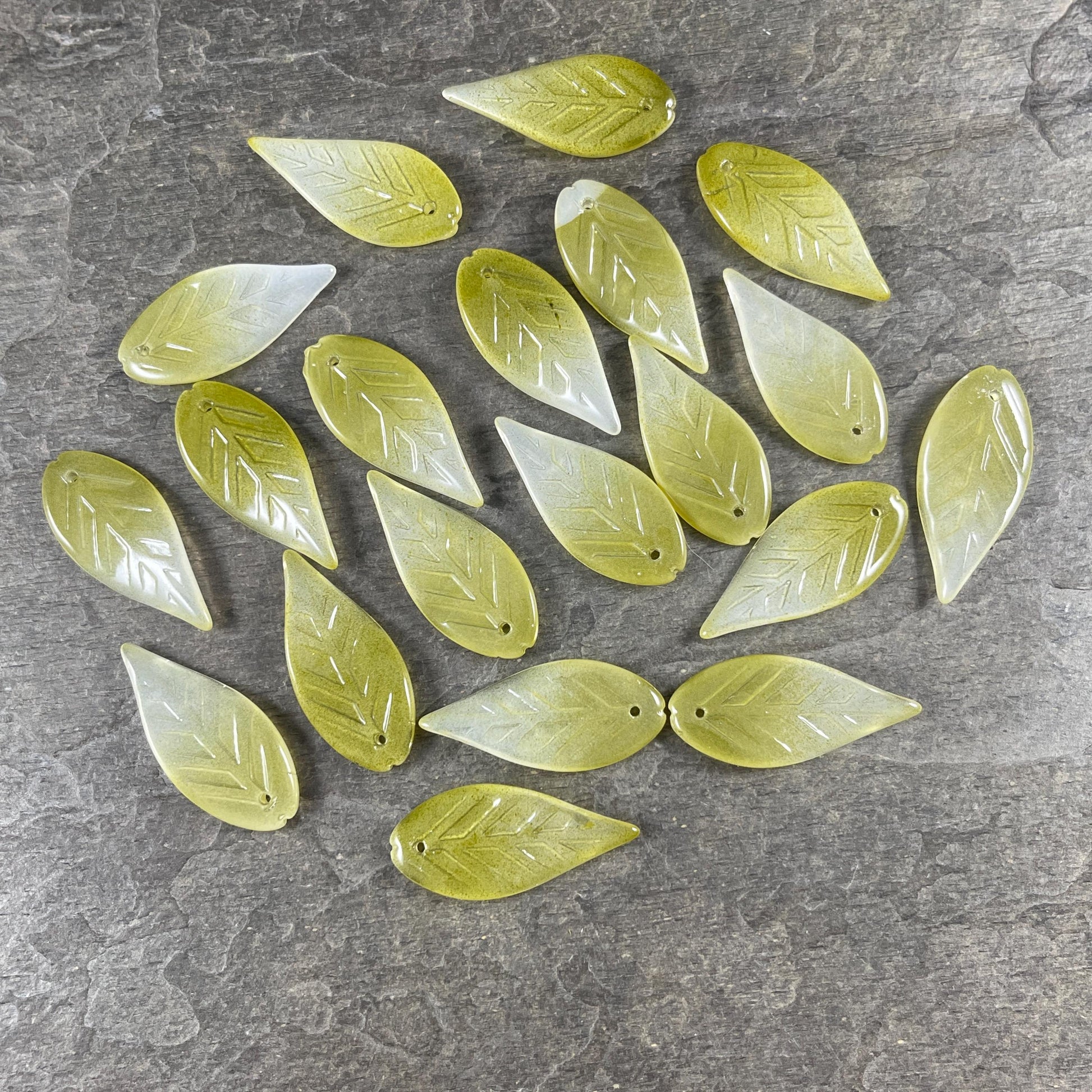 Olive Green Glass Leaf Beads, Top Drilled, 32x14mm Wavy Leaf Bead (OGW-32x14) * 15 Beads