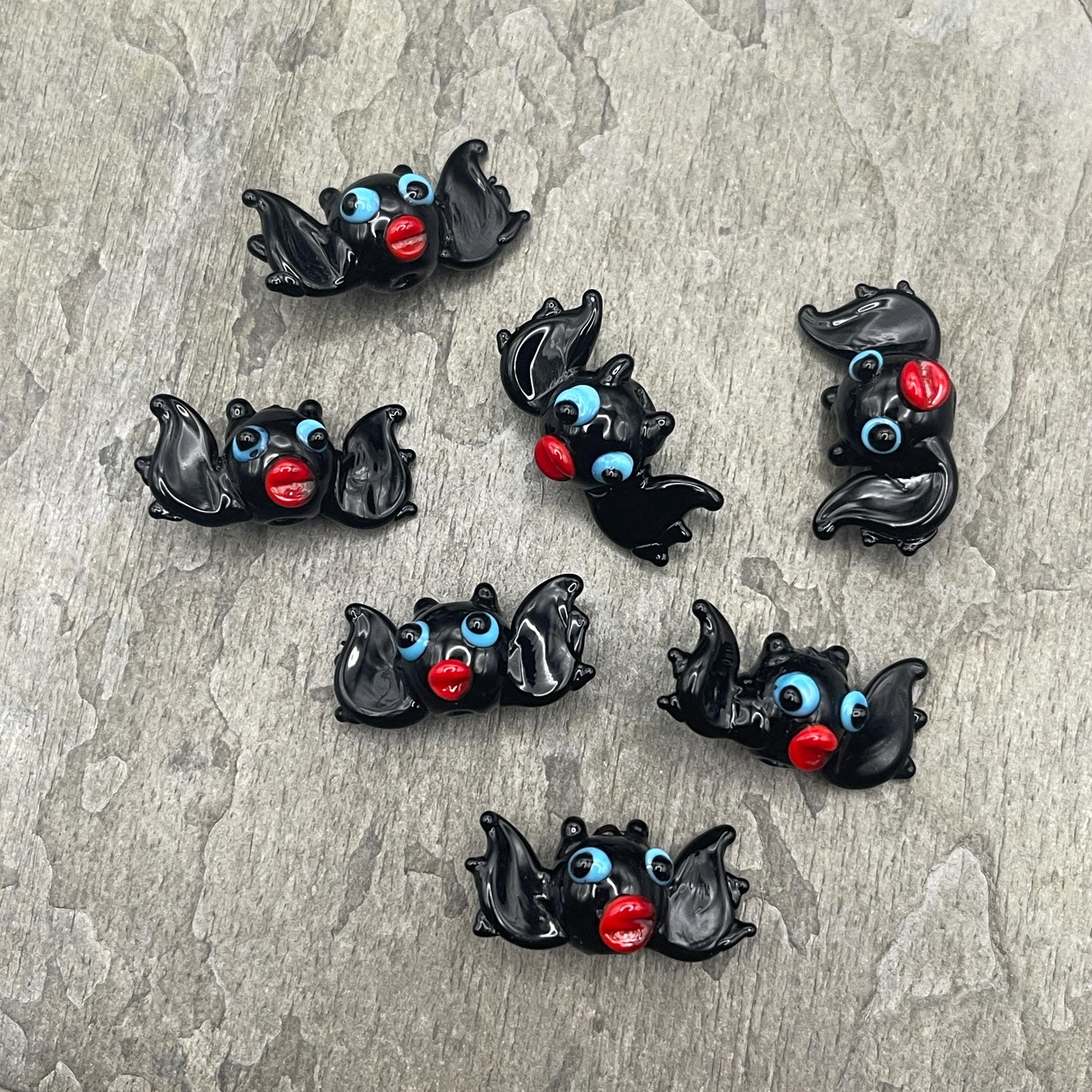 Halloween Beads - Lampwork Glass Bats, Black Bat Glass Beads * 4 Beads
