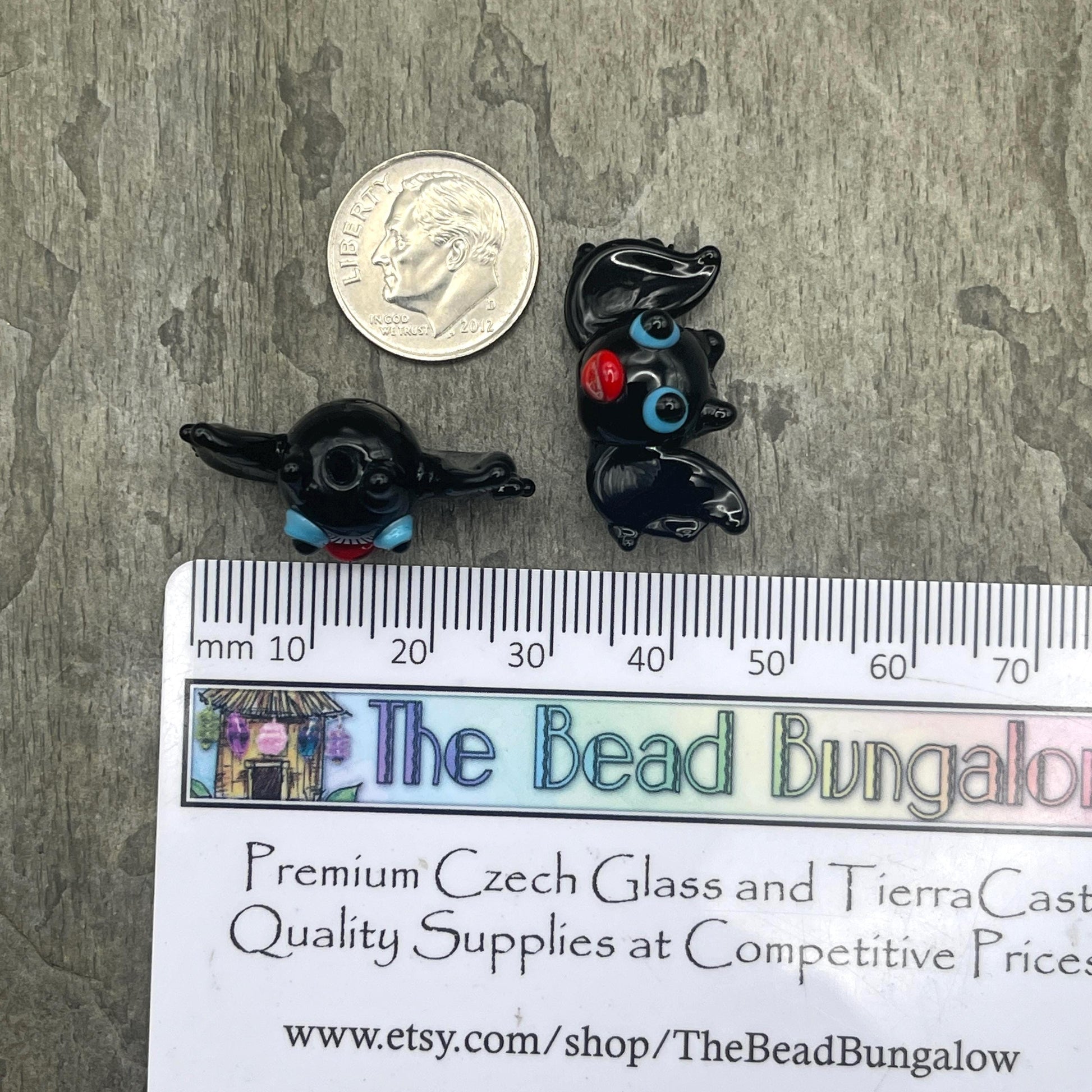 Halloween Beads - Lampwork Glass Bats, Black Bat Glass Beads * 4 Beads