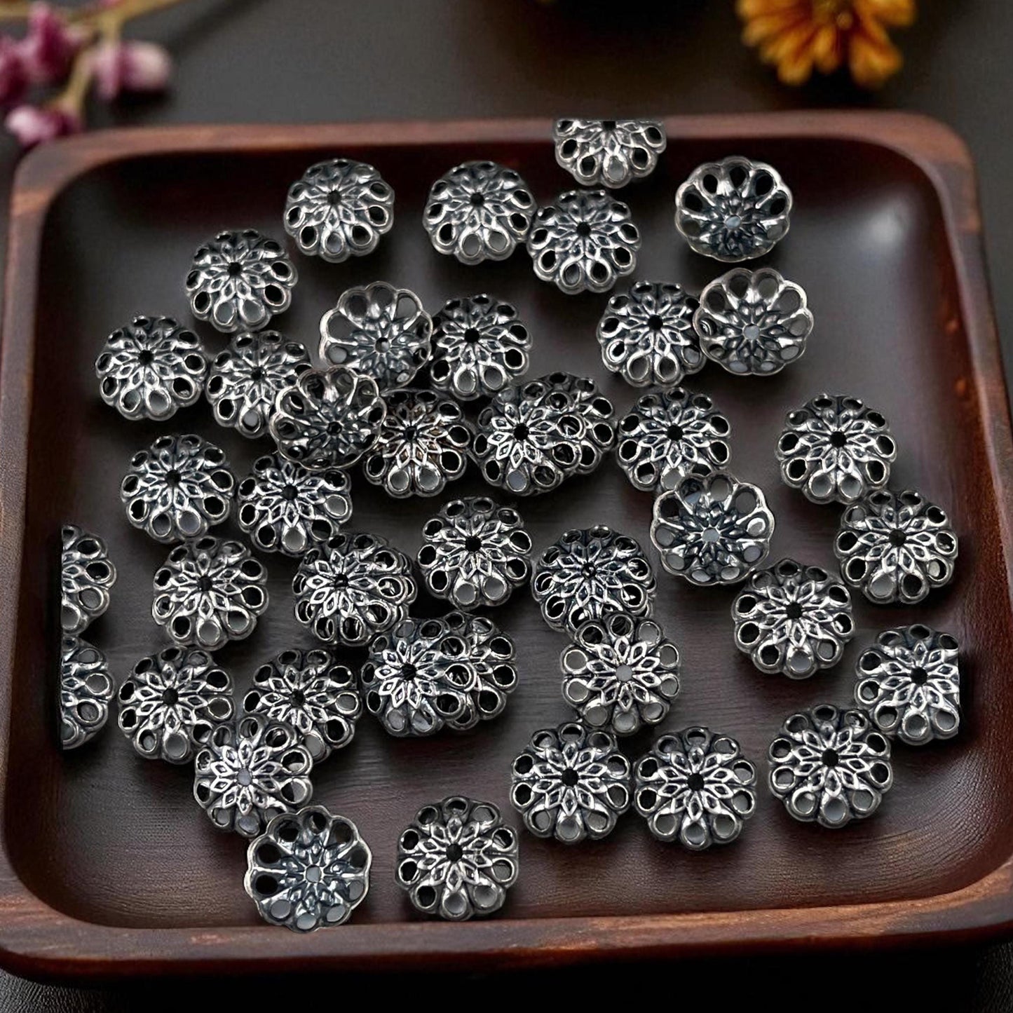 8mm Silver Bead Caps Filigree Bead Caps Low Profile Lacy Bead Caps Antiqued Silver Plated Brass Bead Caps (BC-5634) * Qty. 50