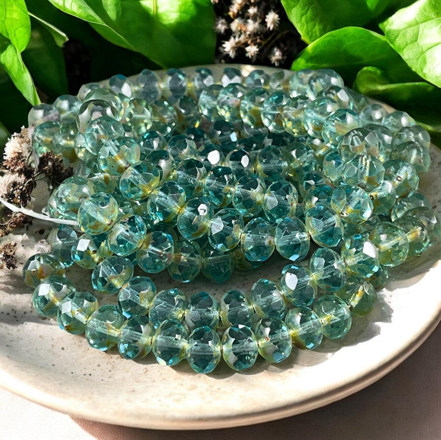 Czech Beads, 8x6mm Faceted Rondelle, Transparent Aqua Blue with Picasso (R8/N-0597) * 25 Beads