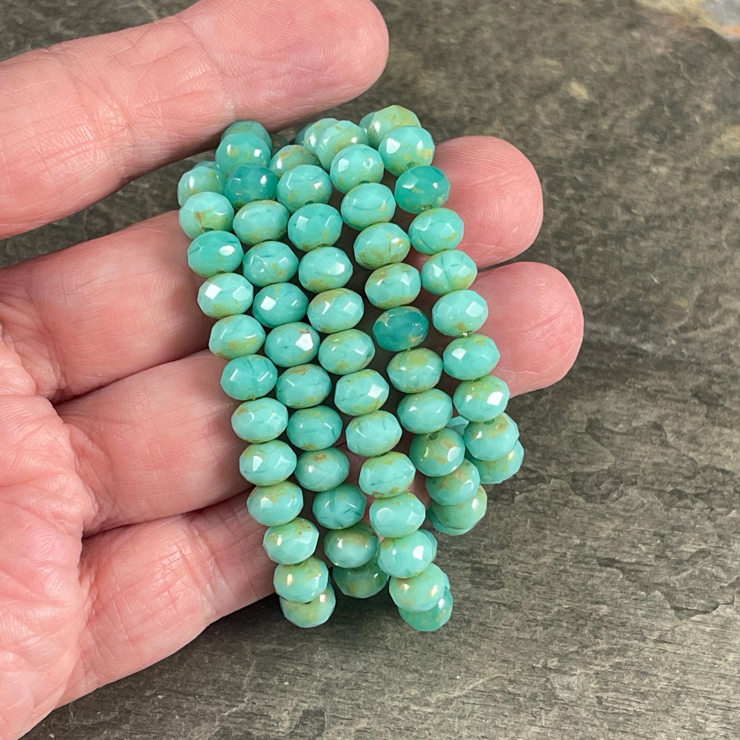 Czech Glass Rondelles, 7x5mm Opaque Tea Green, Light Turquoise Blue with Picasso (R7/N-0888v2) * Qty. 25