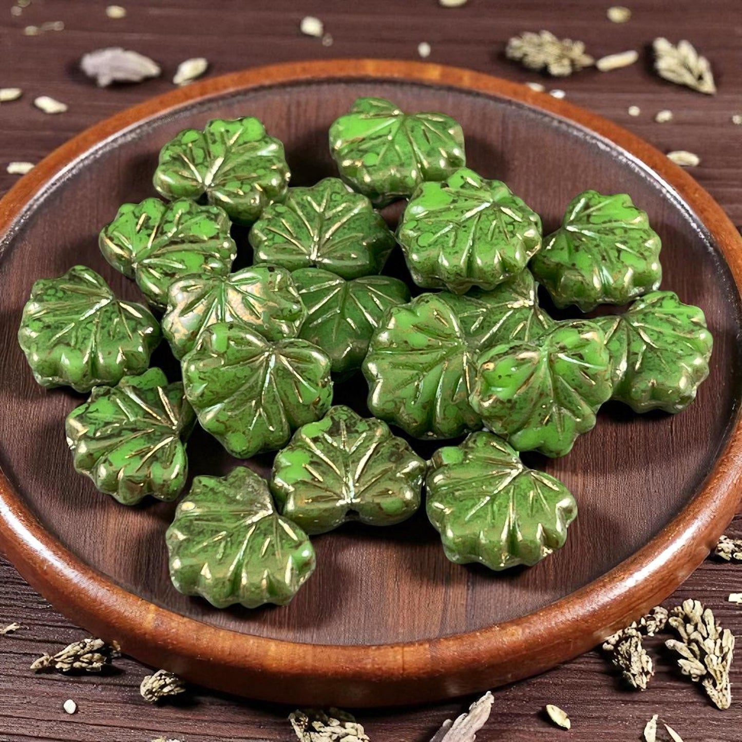Czech Glass Beads, 10x13mm Green Maple Leaf, Nature Theme Leaf Beads (ML/N-0002) * Qty. 10