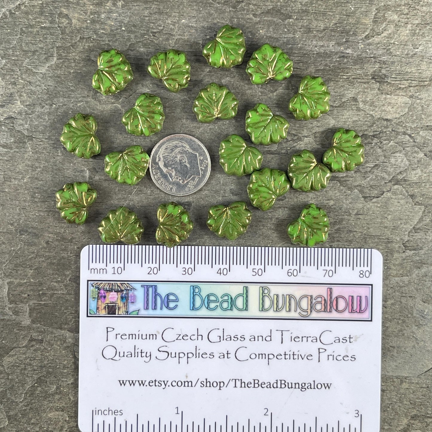 Czech Glass Beads, 10x13mm Green Maple Leaf, Nature Theme Leaf Beads (ML/N-0002) * Qty. 10