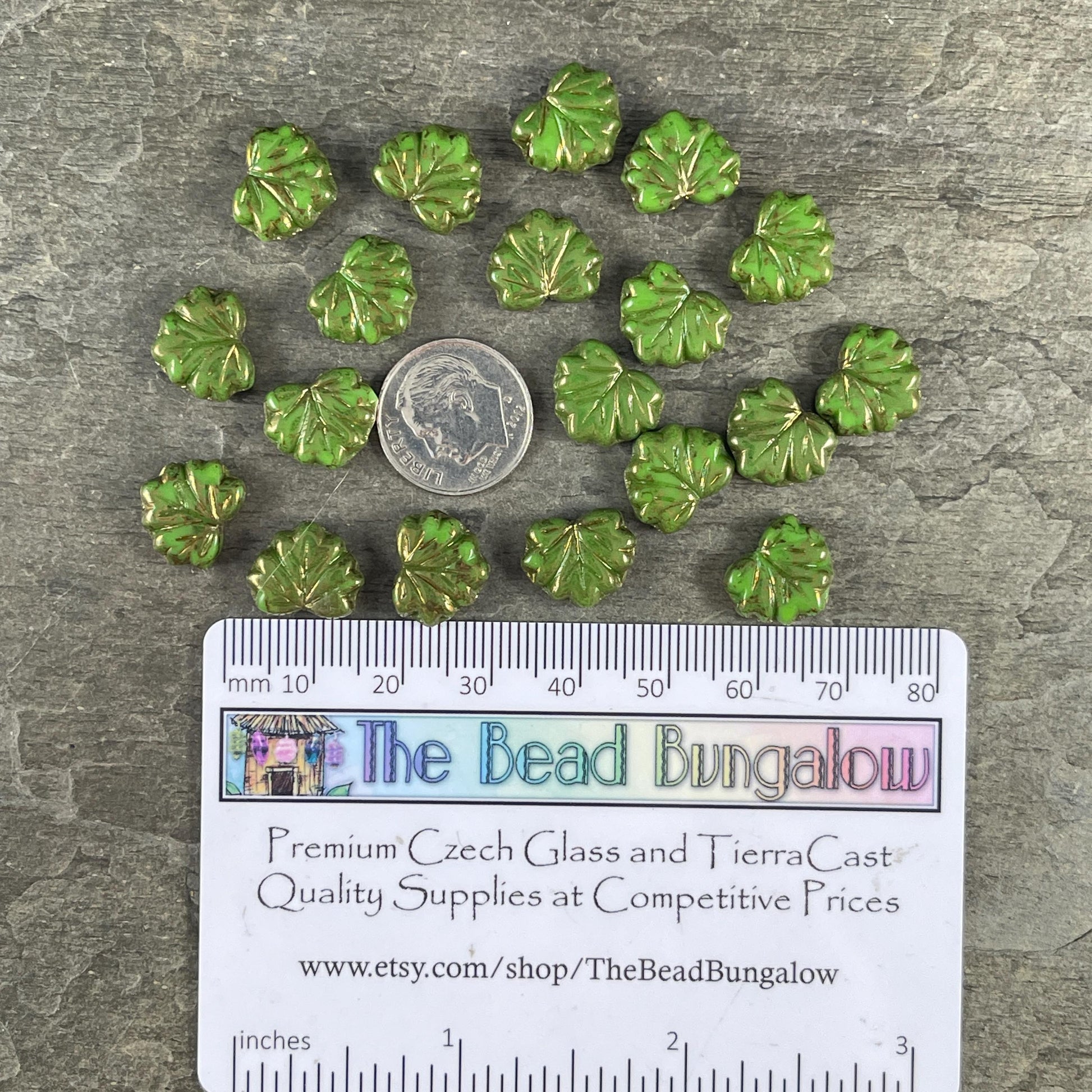 Czech Glass Beads, 10x13mm Green Maple Leaf, Nature Theme Leaf Beads (ML/N-0002) * Qty. 10
