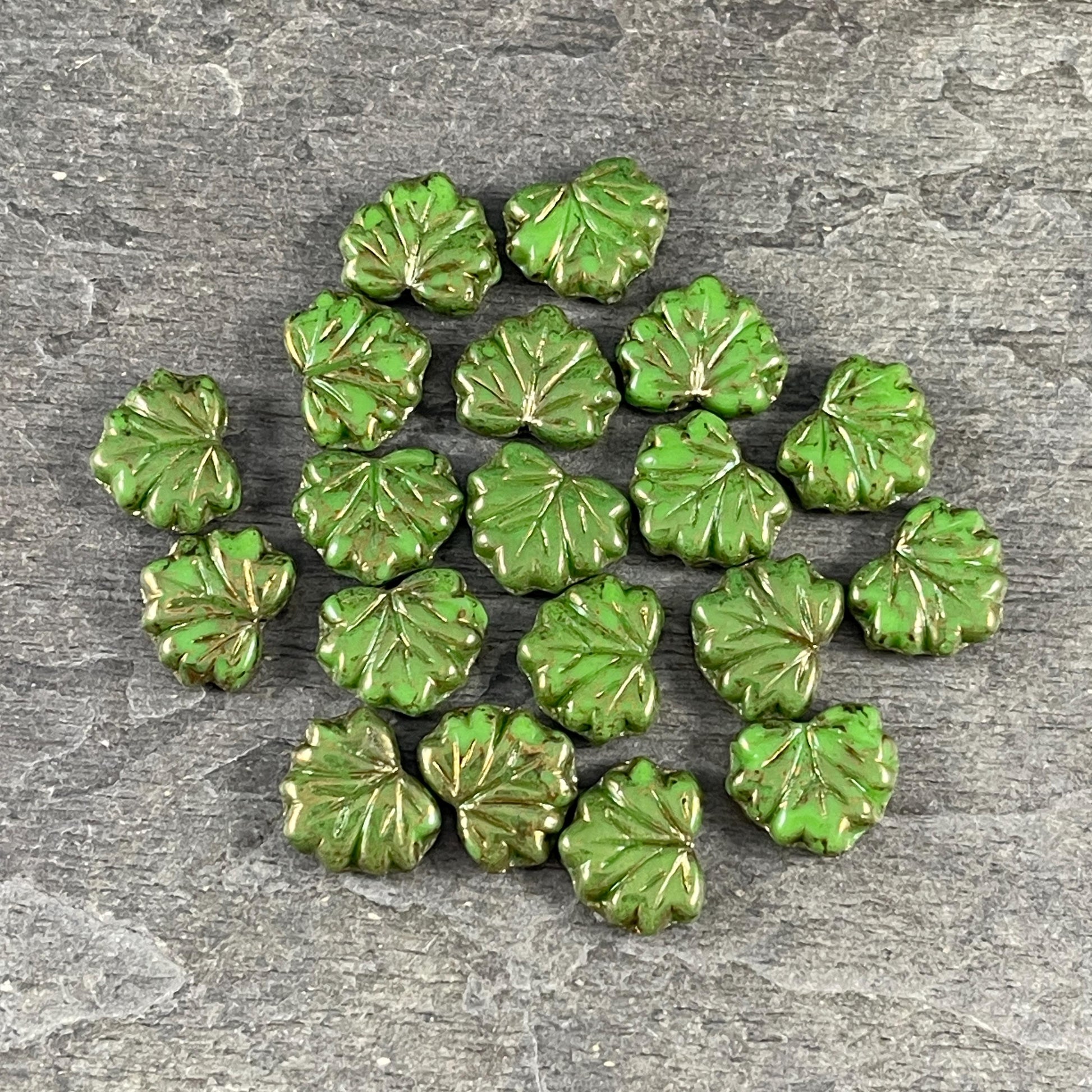 Czech Glass Beads, 10x13mm Green Maple Leaf, Nature Theme Leaf Beads (ML/N-0002) * Qty. 10