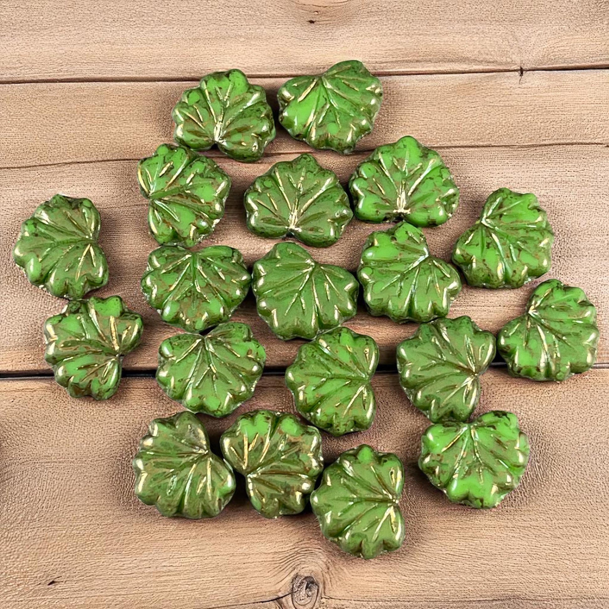 Czech Glass Beads, 10x13mm Green Maple Leaf, Nature Theme Leaf Beads (ML/N-0002) * Qty. 10