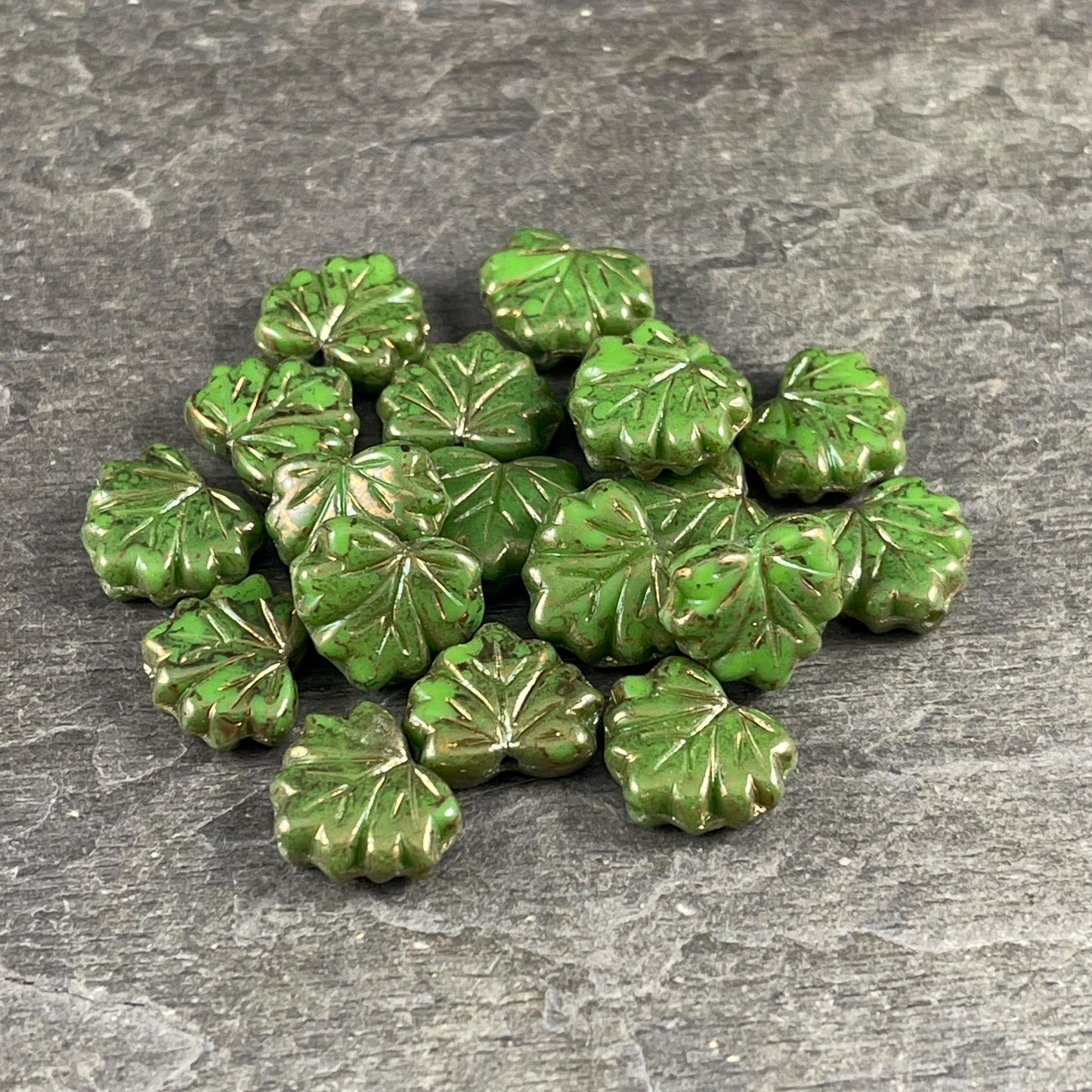 Czech Glass Beads, 10x13mm Green Maple Leaf, Nature Theme Leaf Beads (ML/N-0002) * Qty. 10