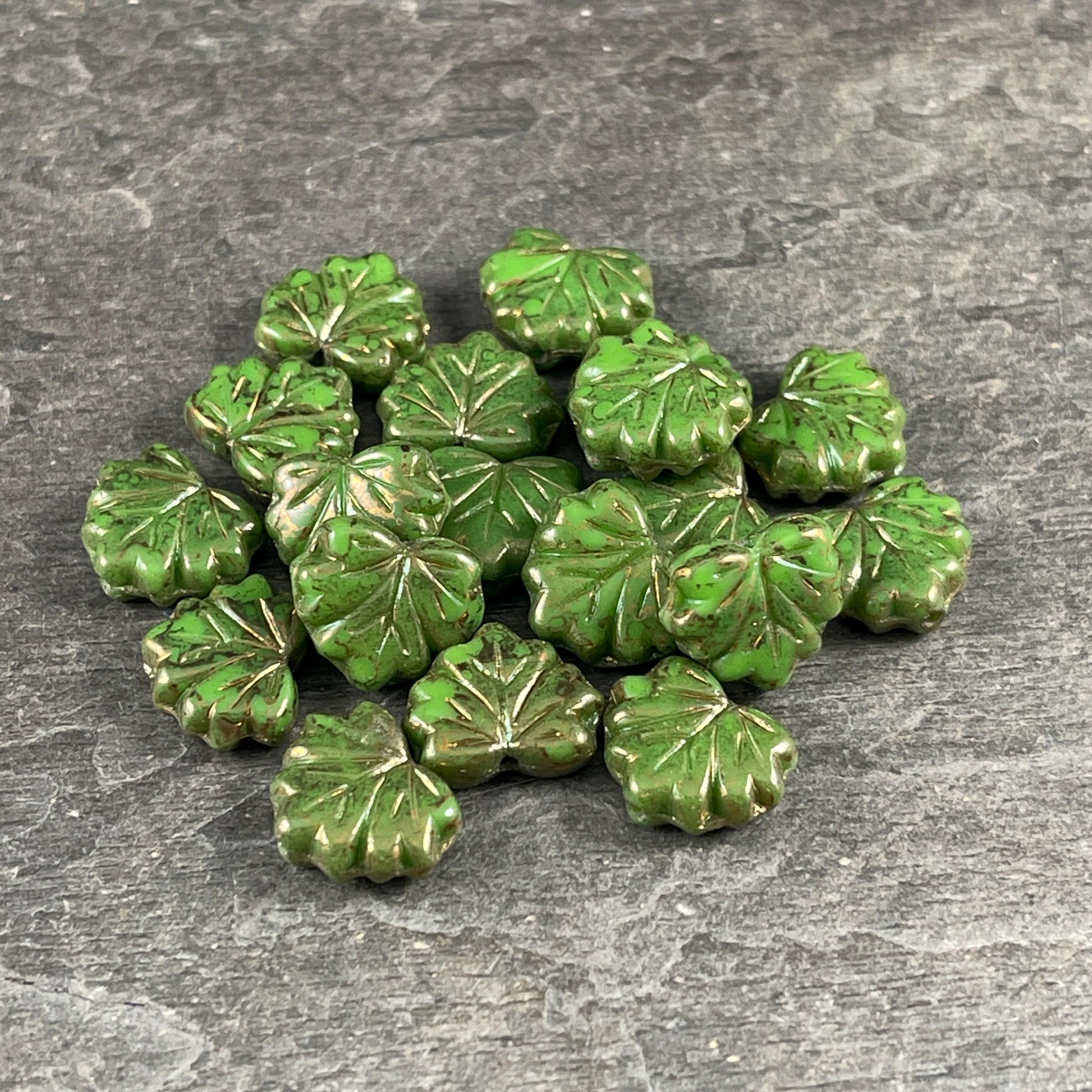 Czech Glass Beads, 10x13mm Green Maple Leaf, Nature Theme Leaf Beads (ML/N-0002) * Qty. 10