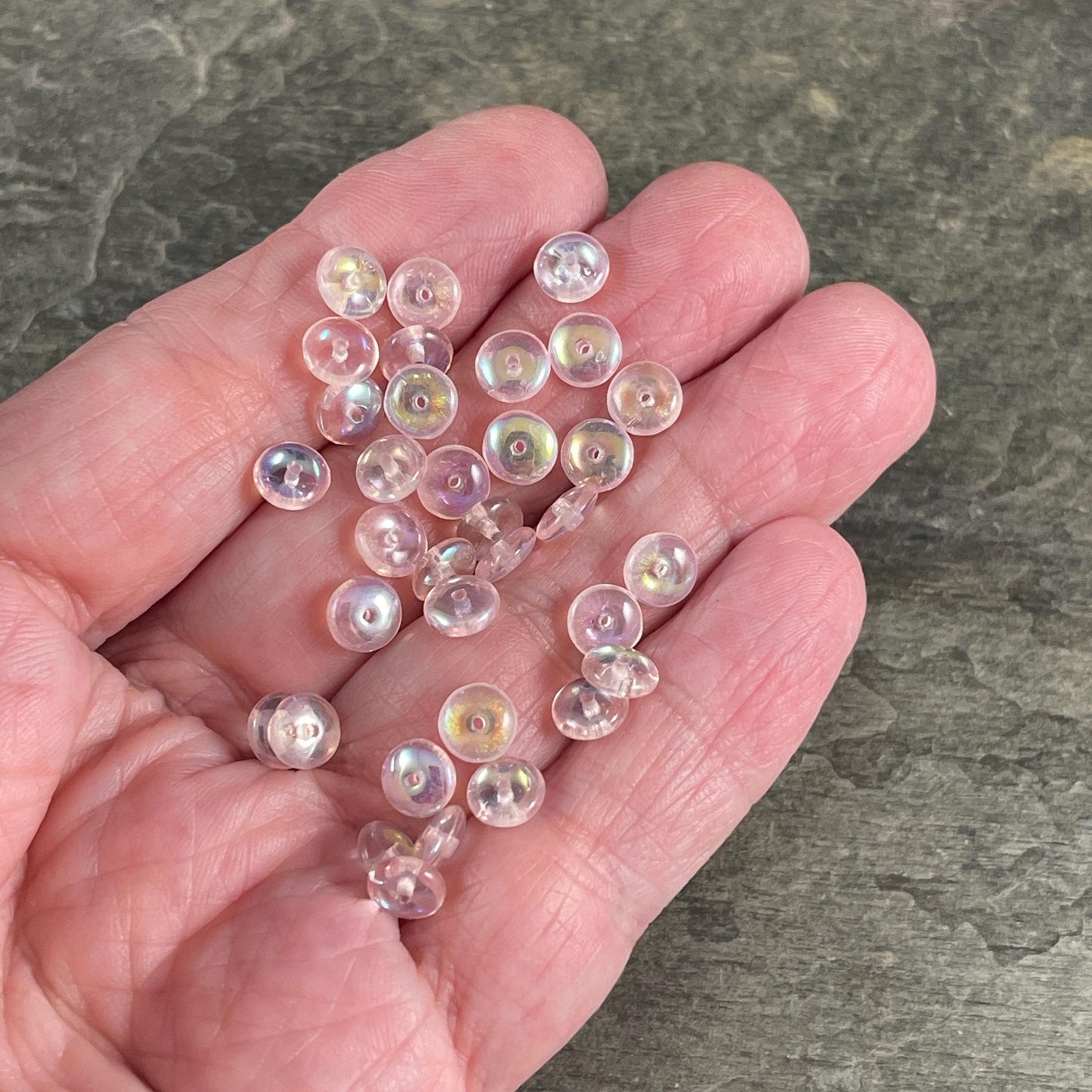 Czech Glass Beads - 6x2mm Heishi Rondelle, Transparent Pale Pink with AB Finish (DSC/N-0385) * Qty. 50