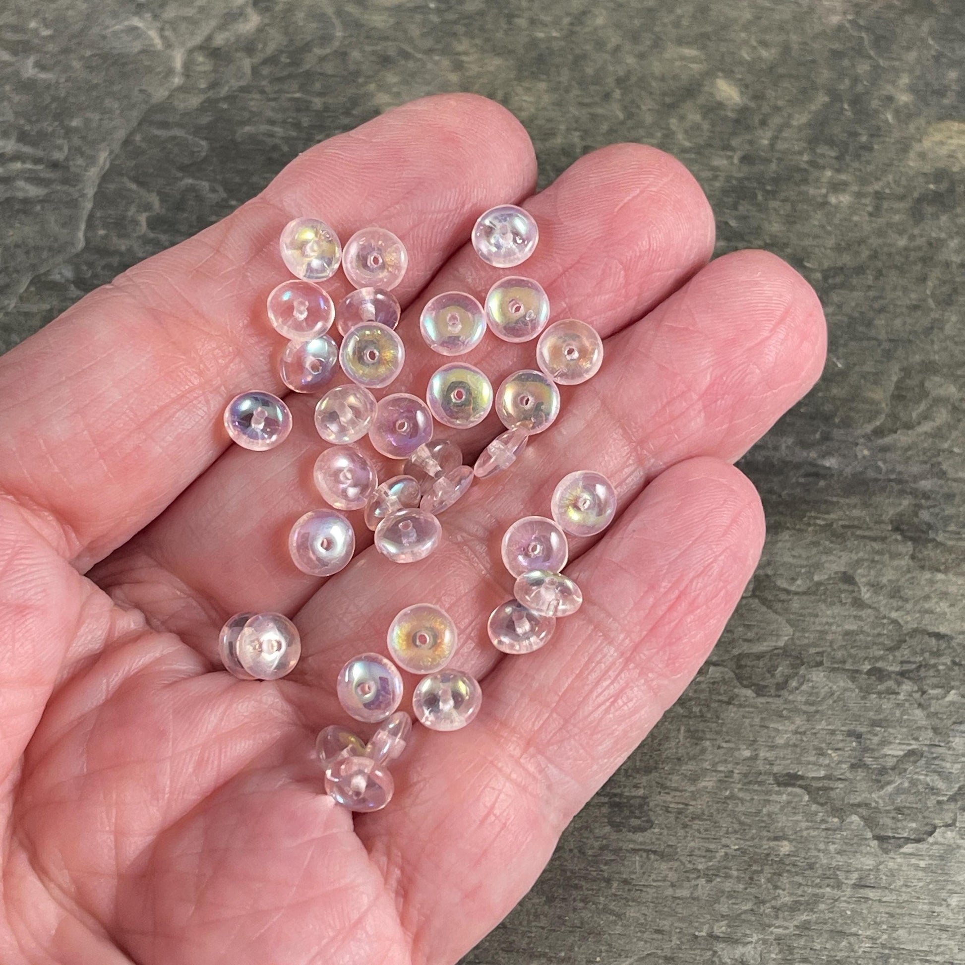 Czech Glass Beads - 6x2mm Heishi Rondelle, Transparent Pale Pink with AB Finish (DSC/N-0385) * Qty. 50