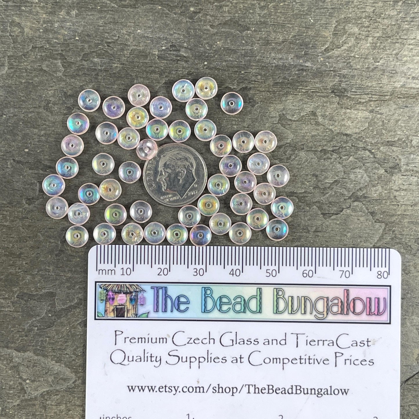 Czech Glass Beads - 6x2mm Heishi Rondelle, Transparent Pale Pink with AB Finish (DSC/N-0385) * Qty. 50