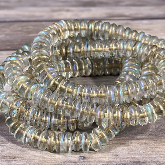 Czech Glass Beads - 6x2mm Heishi Rondelle, Transparent Clear Glass with AB Finish and Gold Wash (DSC/N-2092) * Qty. 50