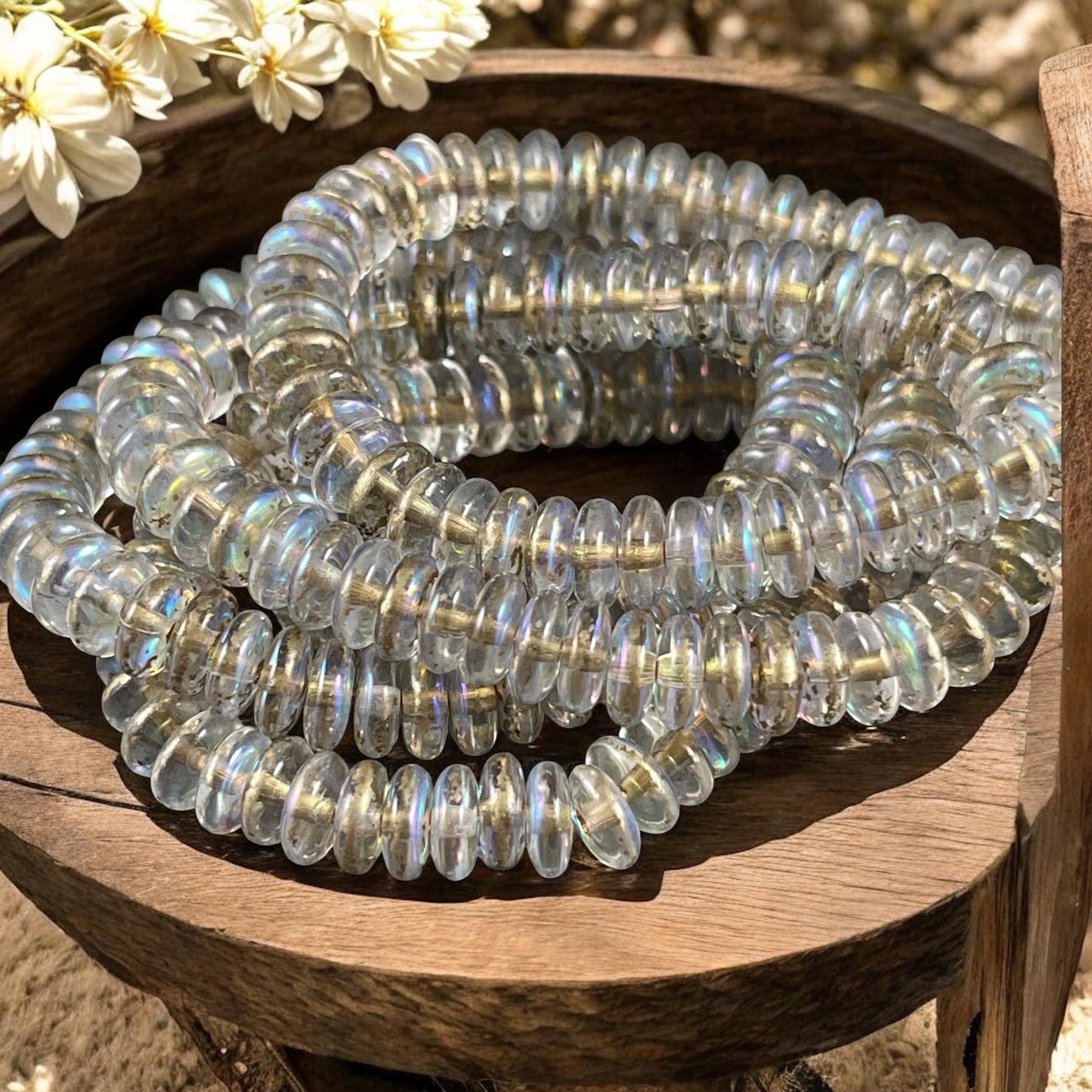 Czech Glass Beads - 6x2mm Heishi Rondelle, Transparent Clear Glass with AB Finish and Gold Wash (DSC/N-2092) * Qty. 50