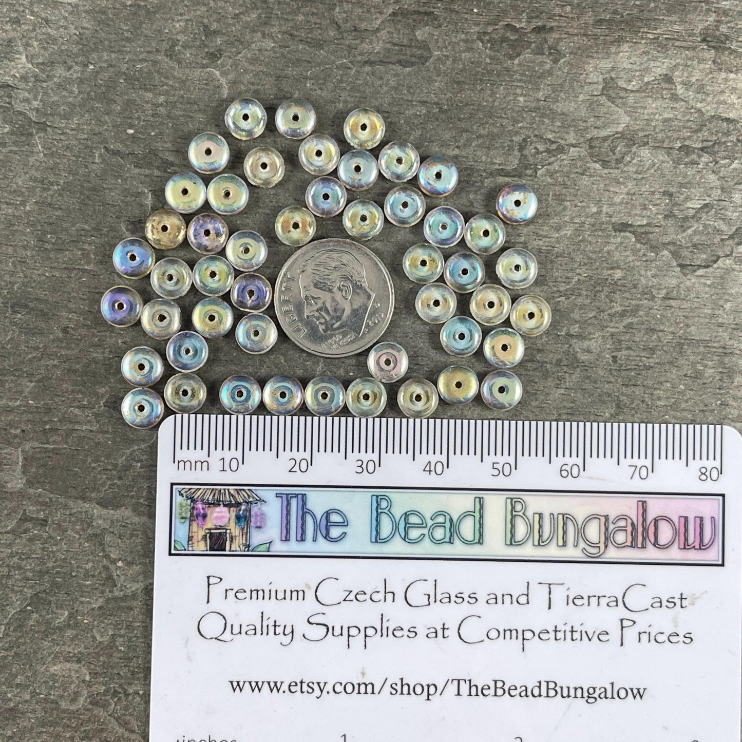 Czech Glass Beads - 6x2mm Heishi Rondelle, Transparent Clear Glass with AB Finish and Gold Wash (DSC/N-2092) * Qty. 50