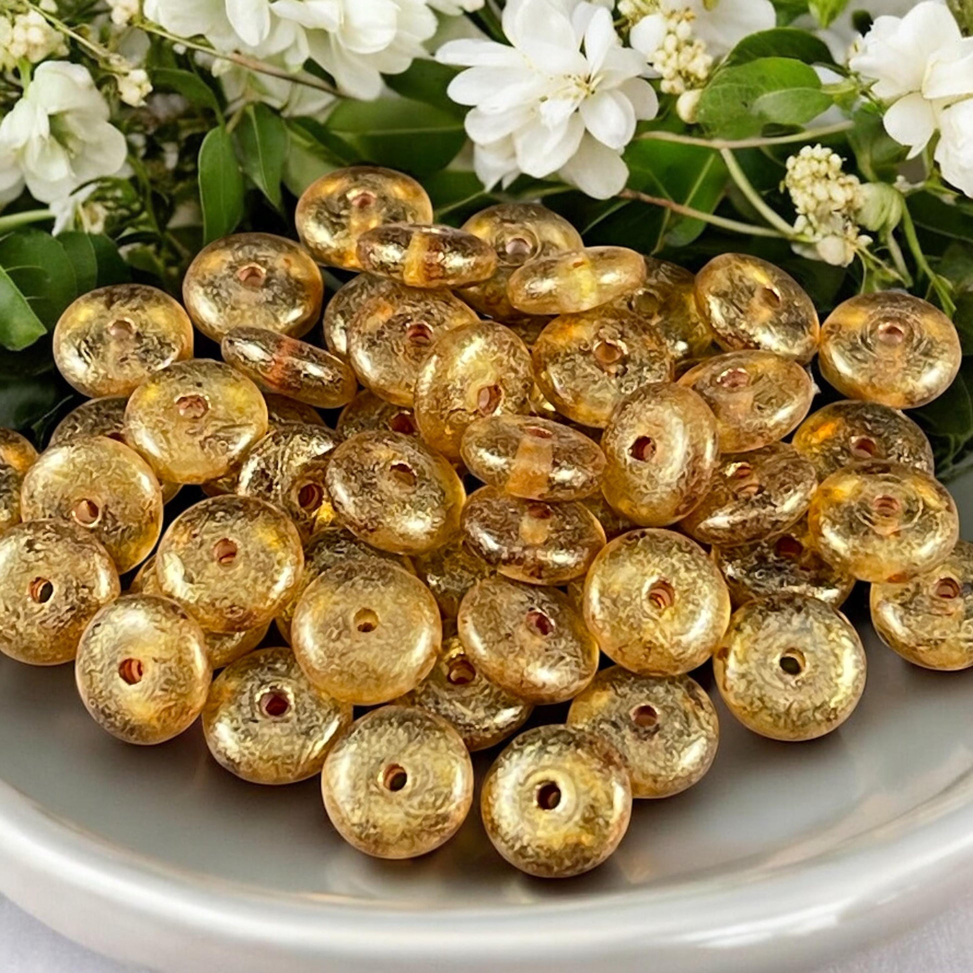 Czech Glass Beads - 6x2mm Heishi Rondelle, Transparent Gold Glass with Gold Finish (DSC/N-0554) * Qty. 50